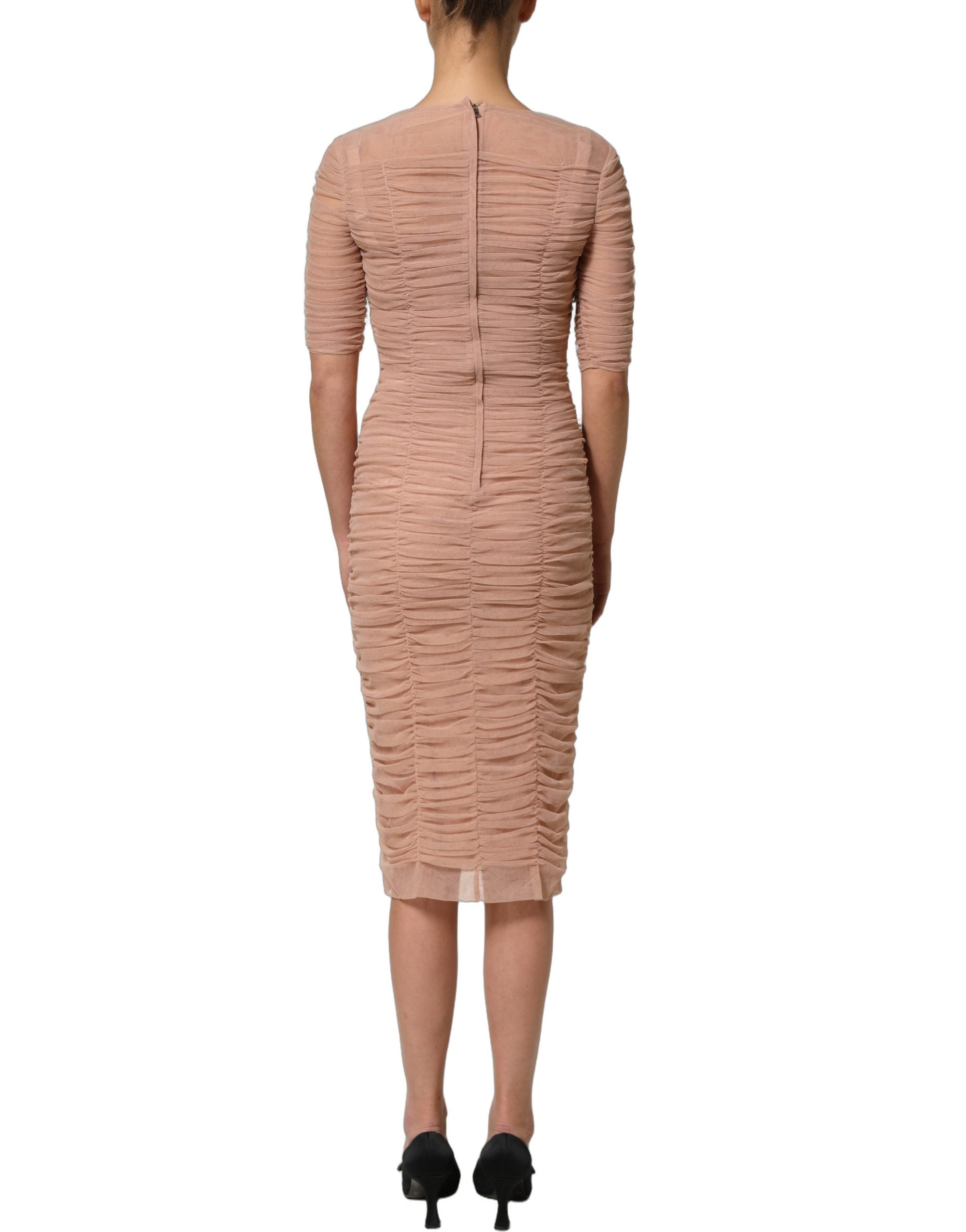 Dolce & Gabbana Beige Cotton Mesh Ruched Sheath Midi Women's Dress