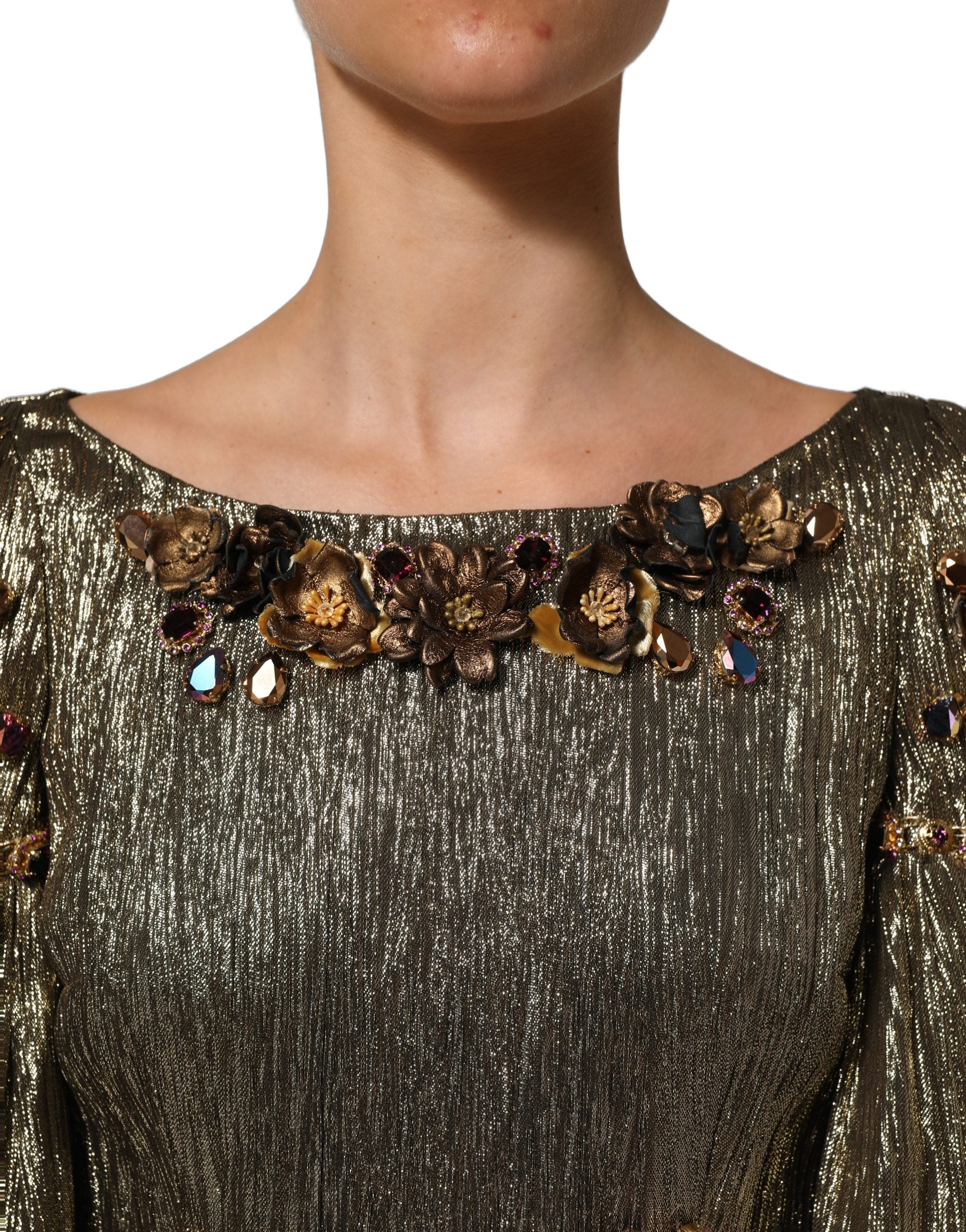 Dolce & Gabbana Metallic Gold Embellished Tiered Midi Women's Dress