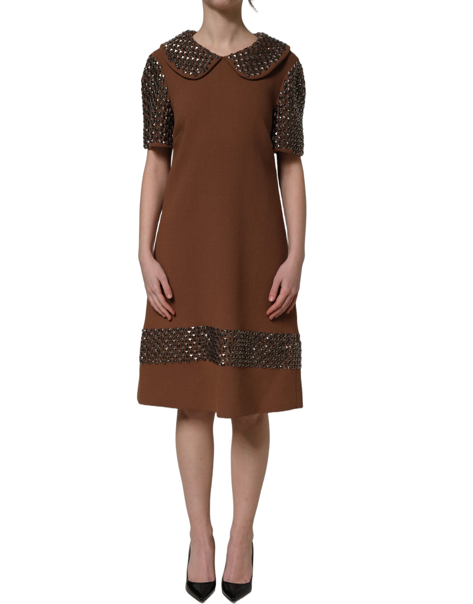 Dolce & Gabbana Brown Wool Rhinestone Embellished Midi Women's Dress