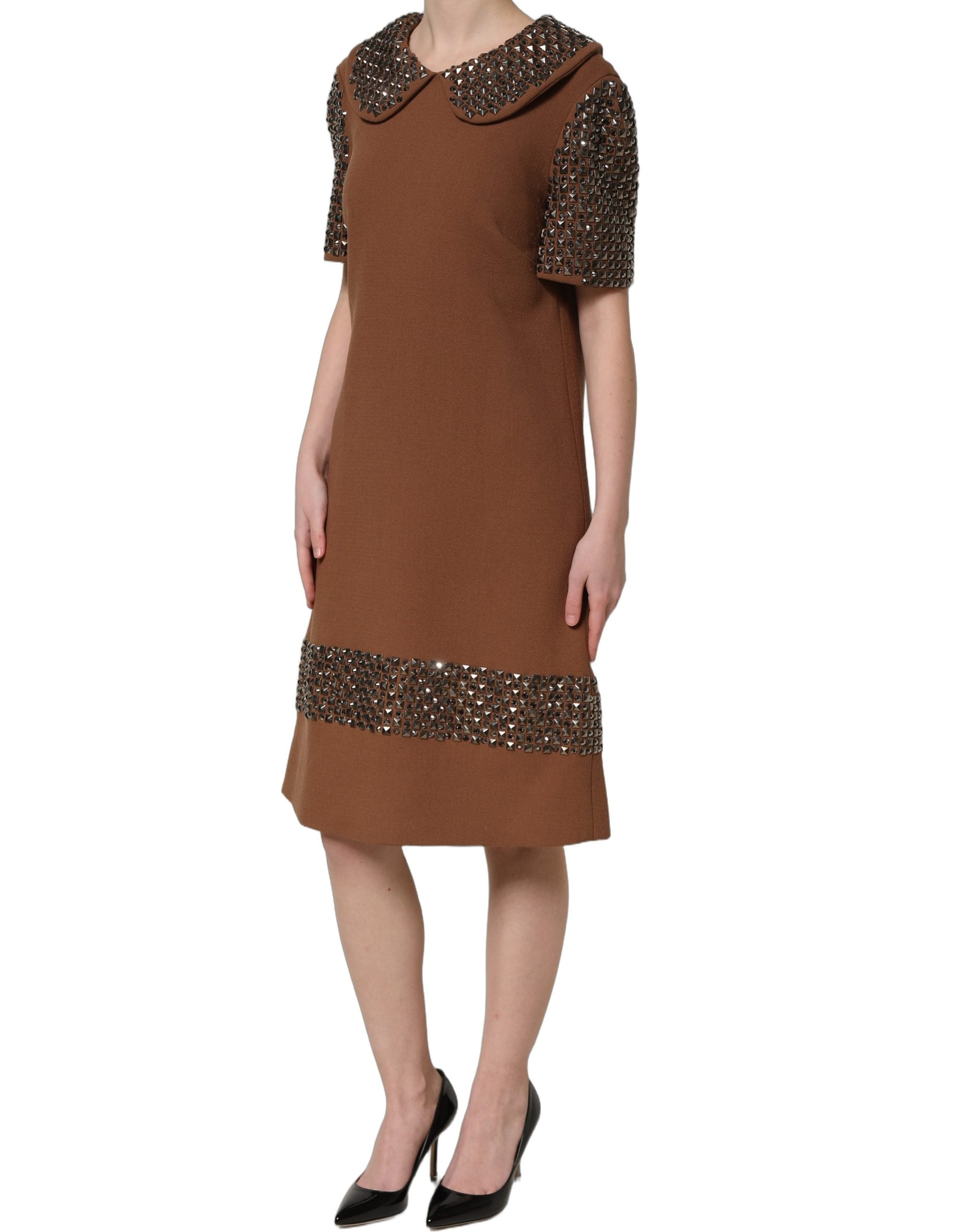 Dolce & Gabbana Brown Wool Rhinestone Embellished Midi Women's Dress