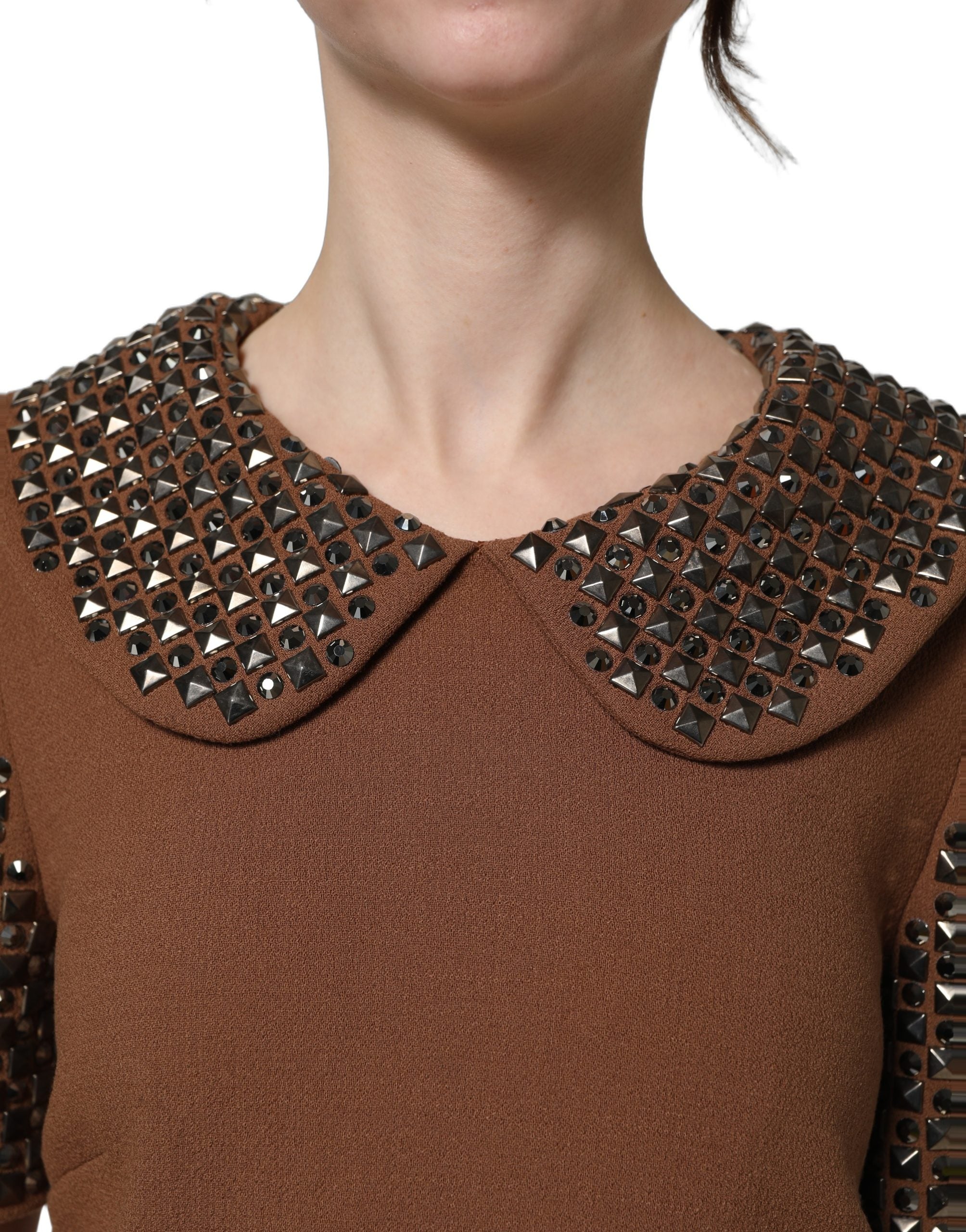Dolce & Gabbana Brown Wool Rhinestone Embellished Midi Women's Dress