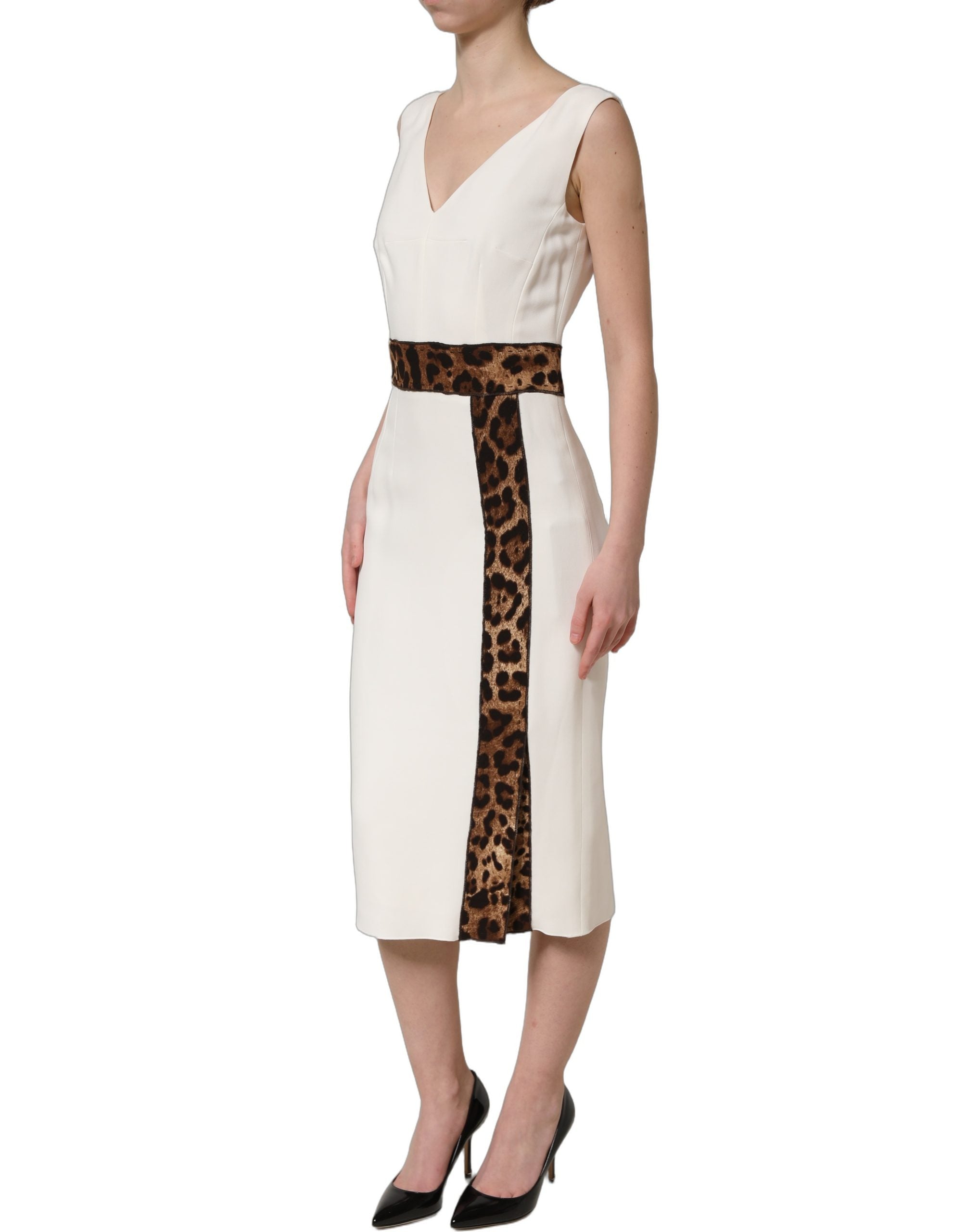 Dolce & Gabbana White Leopard Sleeveless Sheath Midi Women's Dress