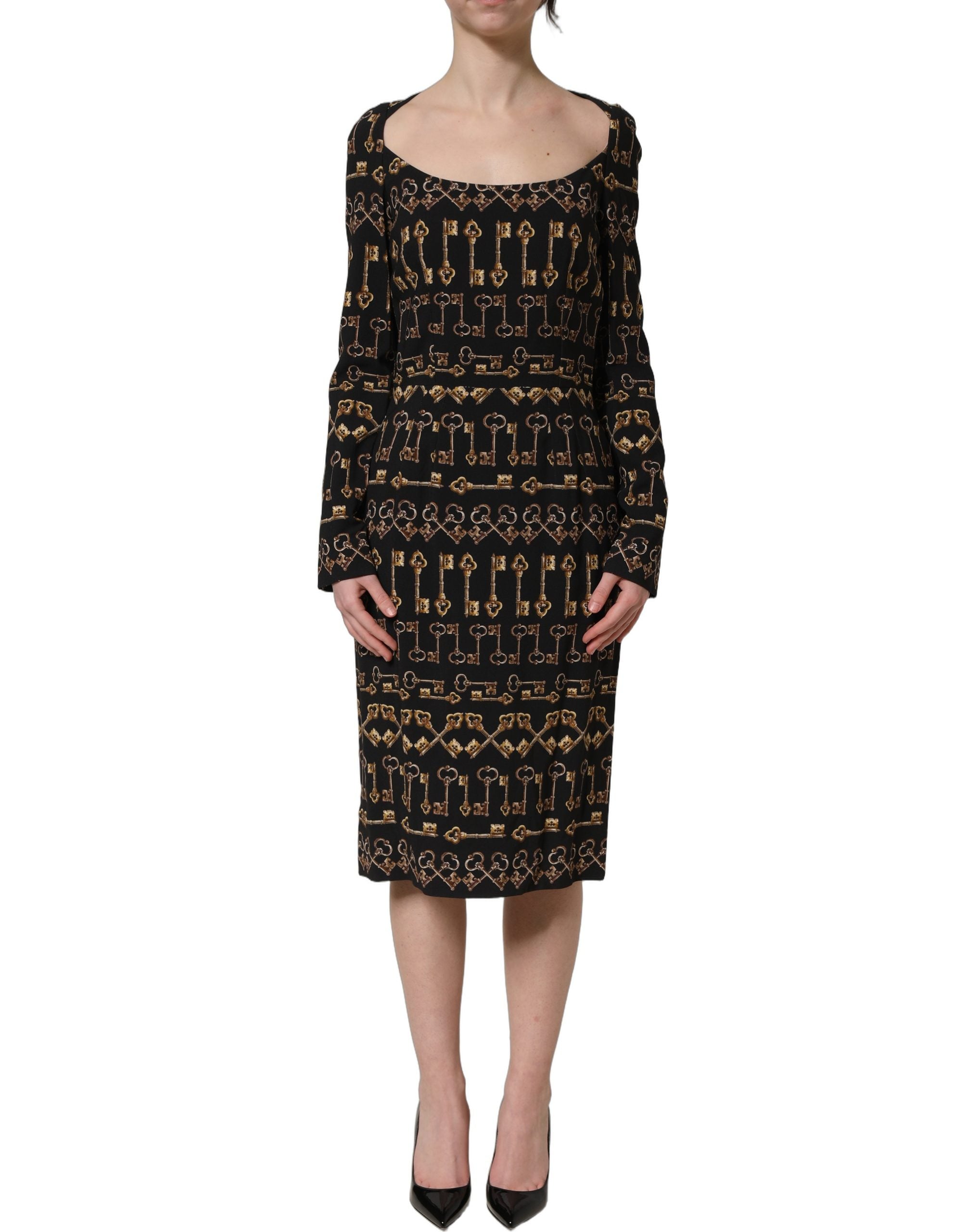 Dolce & Gabbana Black Key Print Long Sleeves Sheath Midi Women's Dress