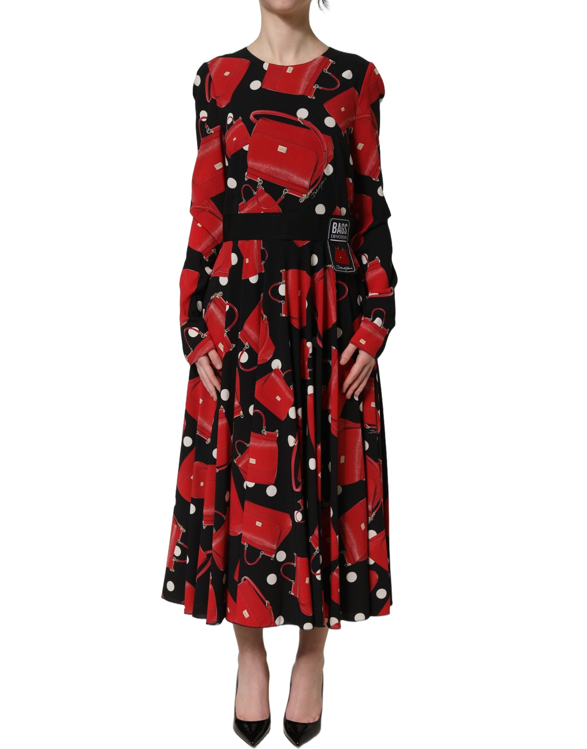 Dolce & Gabbana Black Handbag Print Long Sleeve Midi Women's Dress