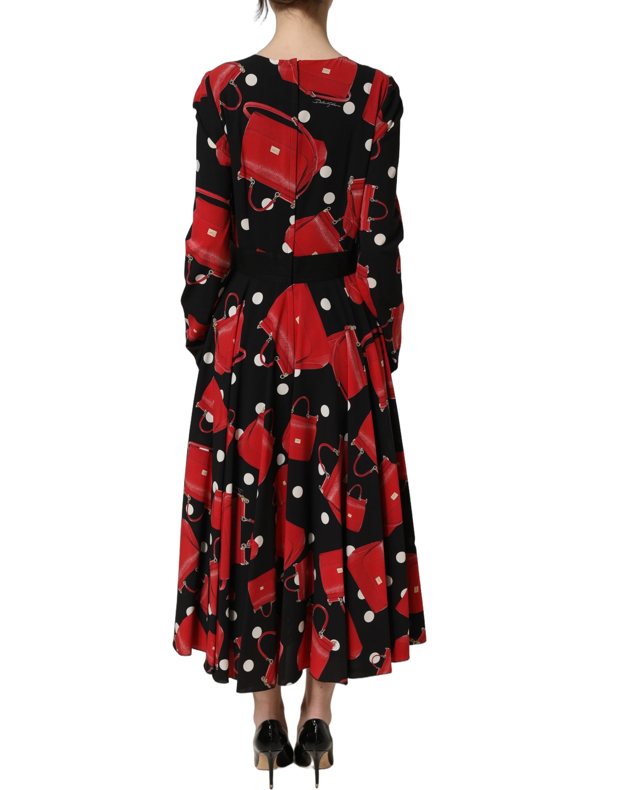 Dolce & Gabbana Black Handbag Print Long Sleeve Midi Women's Dress