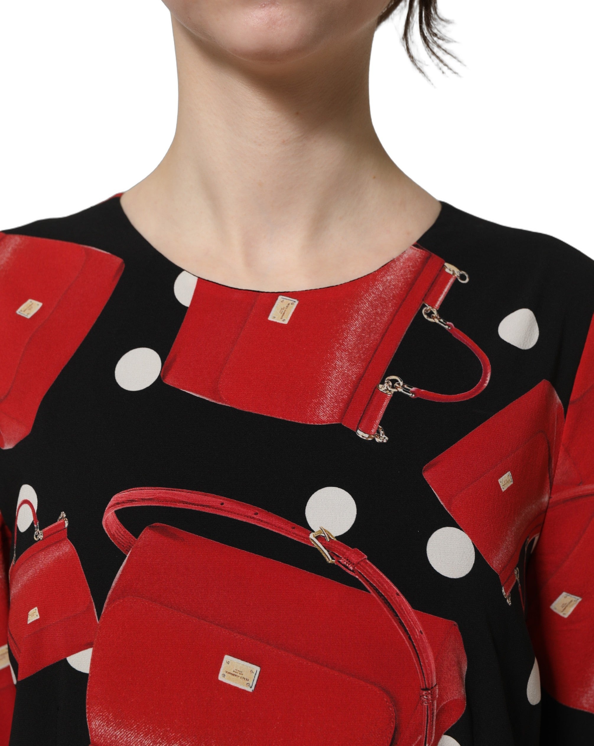 Dolce & Gabbana Black Handbag Print Long Sleeve Midi Women's Dress