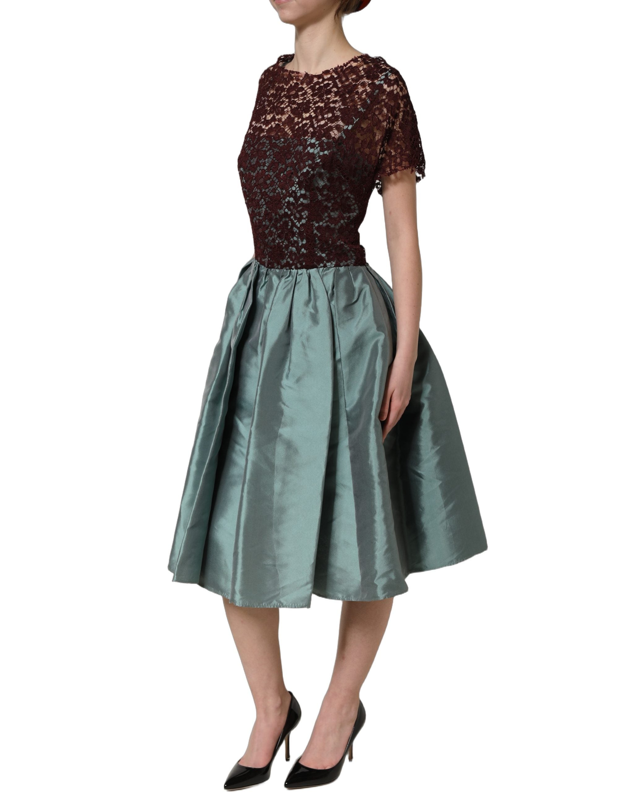 Dolce & Gabbana Multicolor Floral Lace Taffeta Pleated Midi Women's Dress