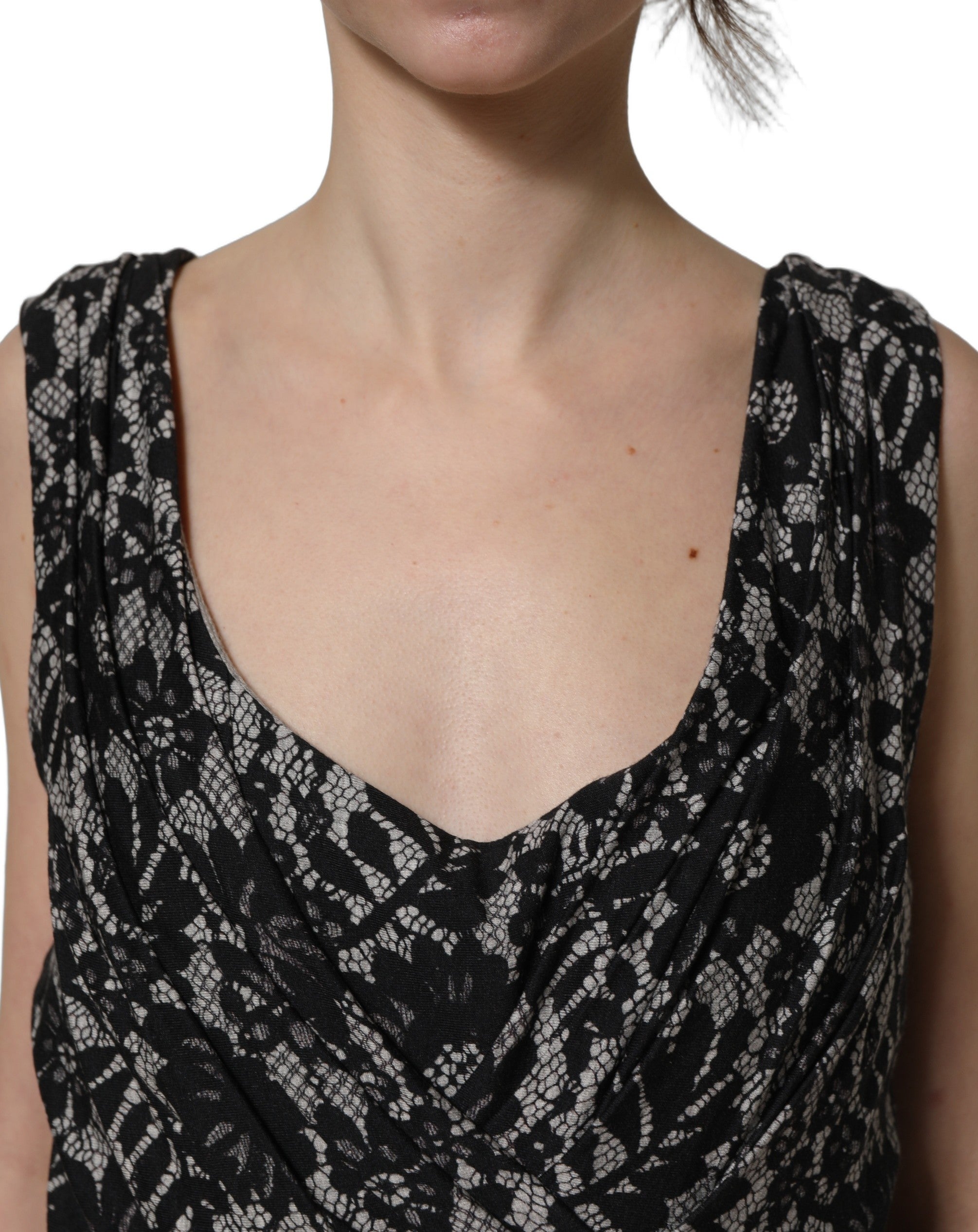 Dolce & Gabbana Black White Floral Lace Sleeveless Midi Women's Dress