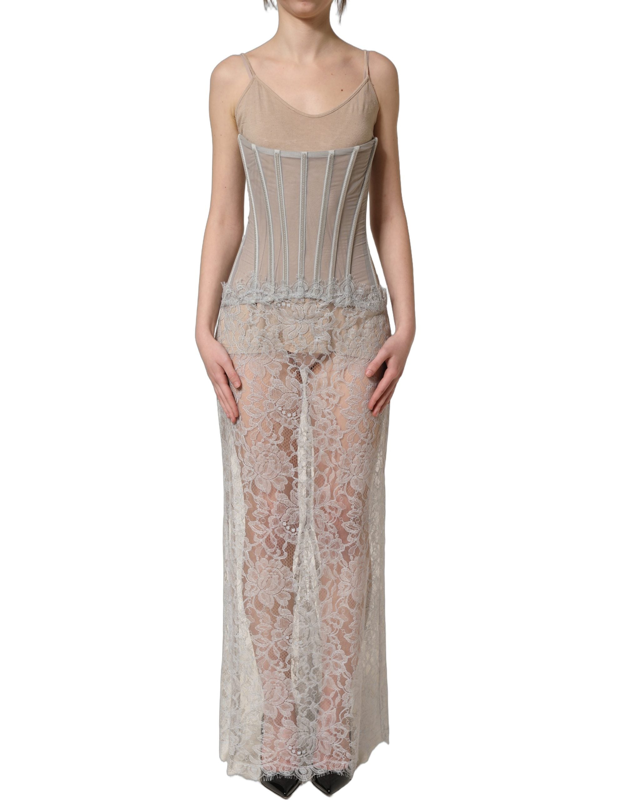 Dolce & Gabbana Gray Lace Corset Style Bodice Maxi Women's Dress