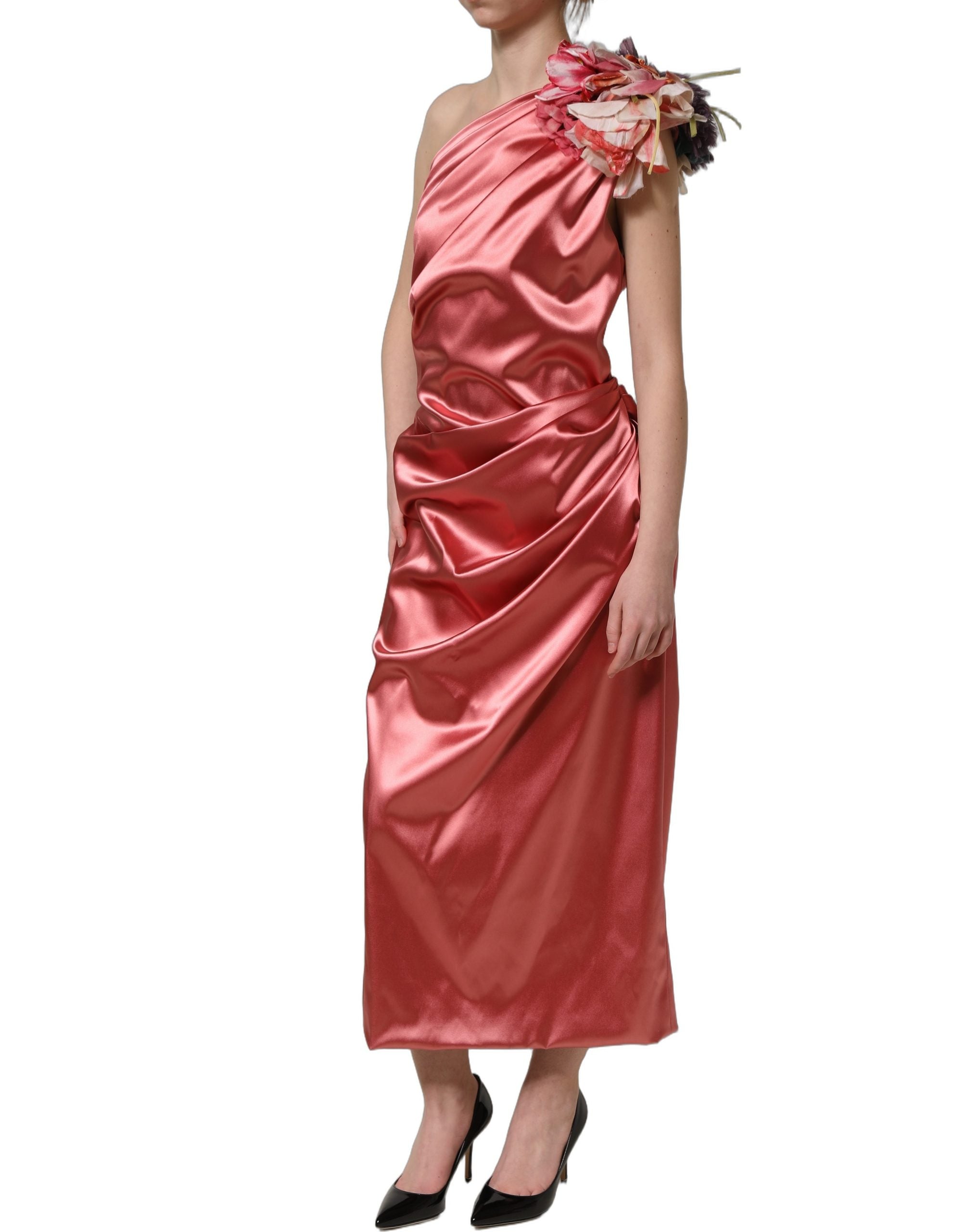 Dolce & Gabbana Pink Draped Midi Flower Appliques Women's Dress
