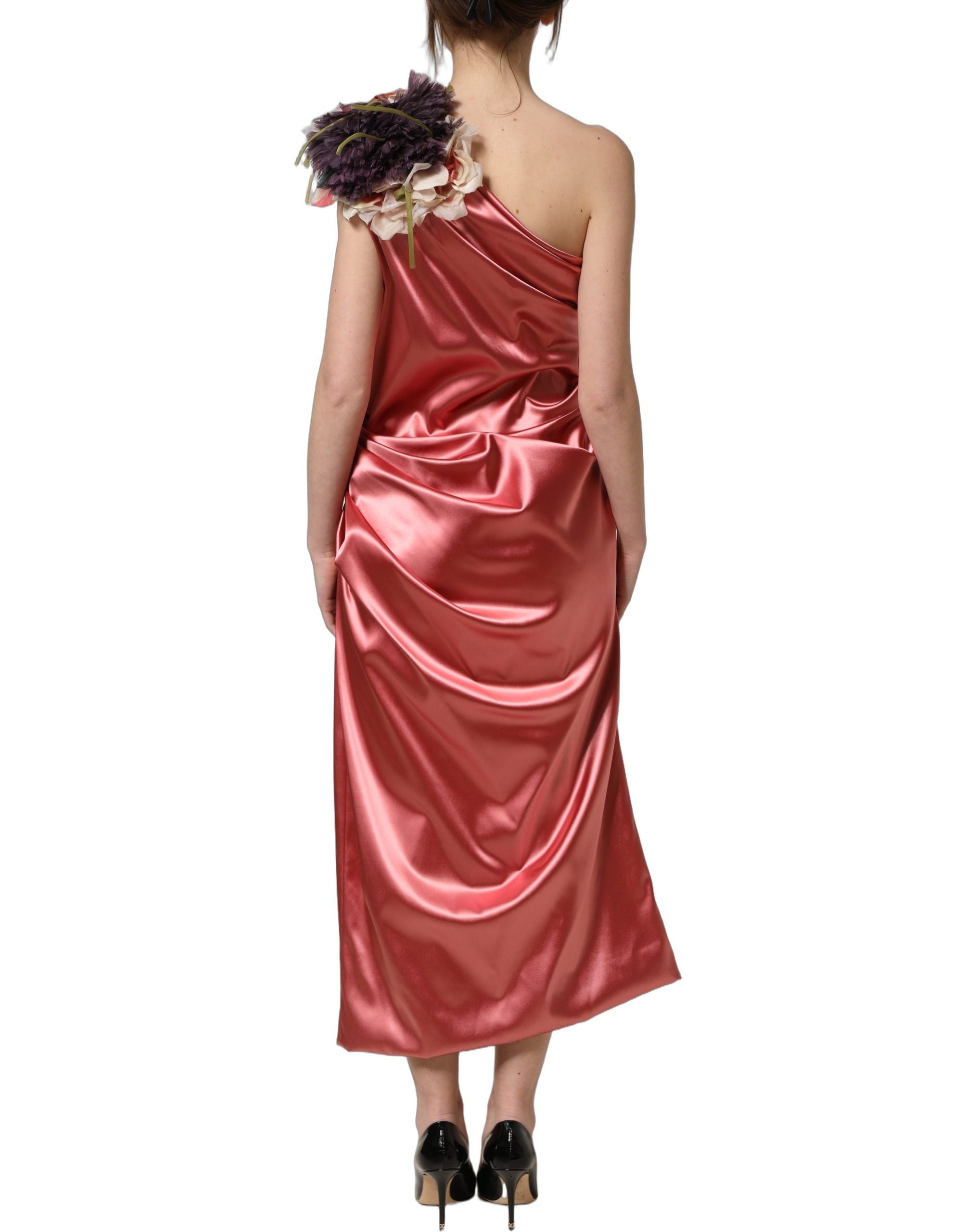 Dolce & Gabbana Pink Draped Midi Flower Appliques Women's Dress