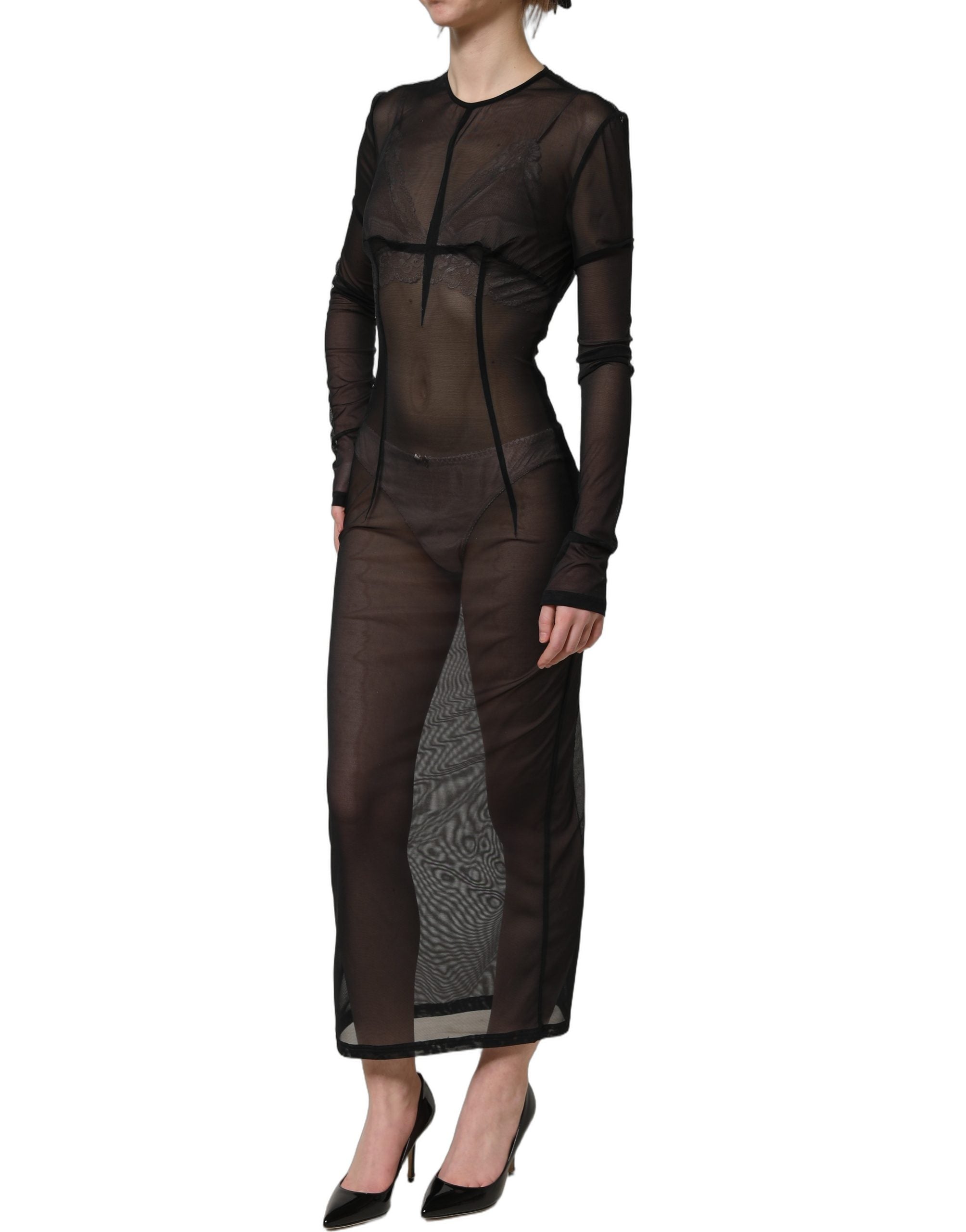 Dolce & Gabbana Black Long Sleeve Sheer Fitted Maxi Women's Dress