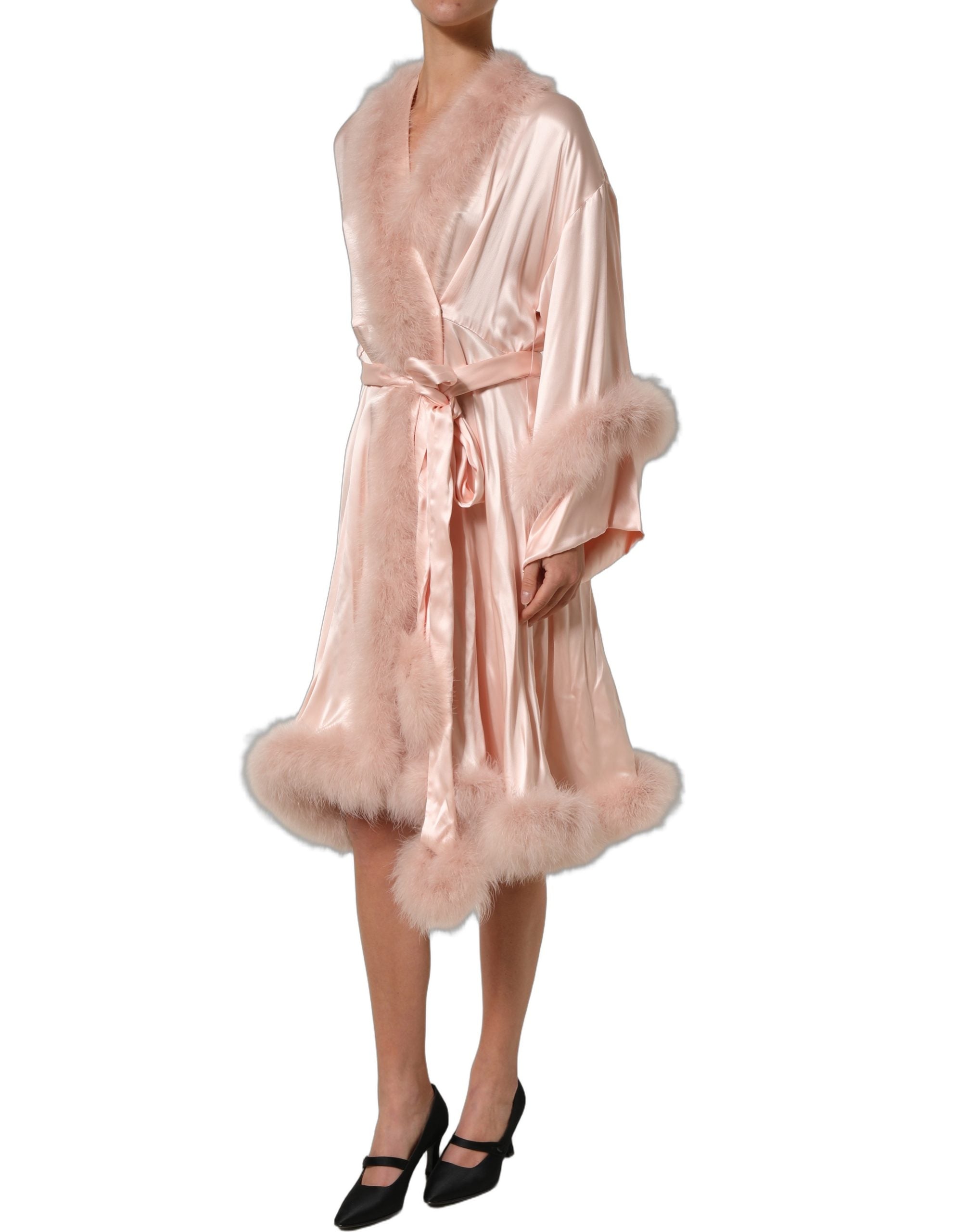 Dolce & Gabbana Light Pink Silk Turkey Feather Wrap Midi Women's Dress