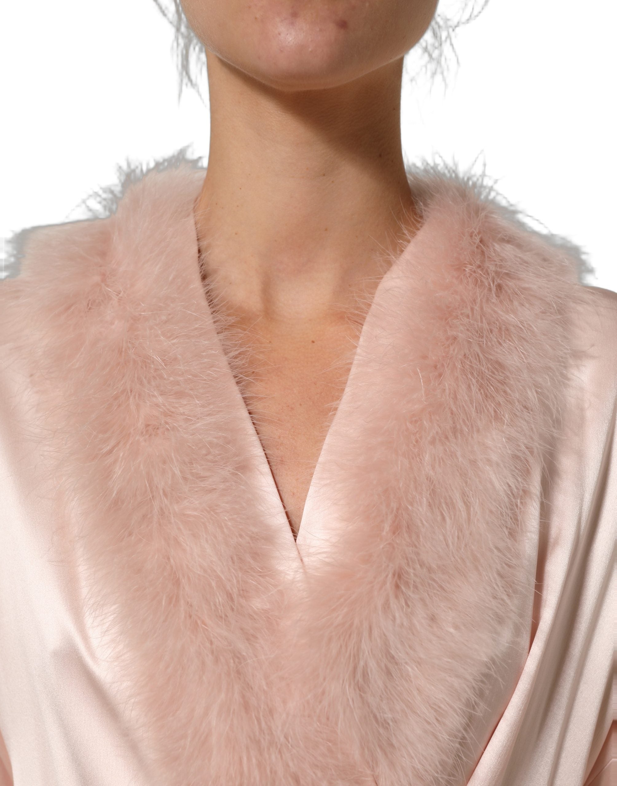 Dolce & Gabbana Light Pink Silk Turkey Feather Wrap Midi Women's Dress