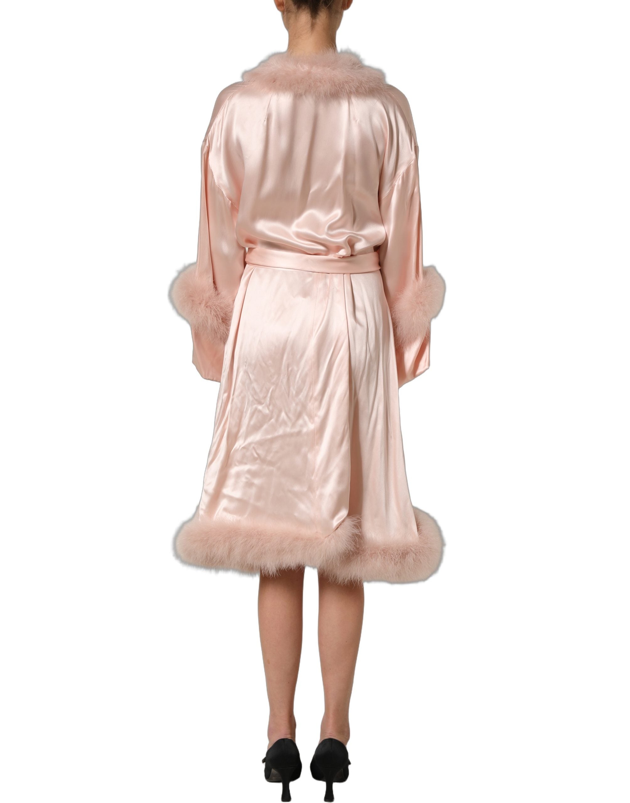Dolce & Gabbana Light Pink Silk Turkey Feather Wrap Midi Women's Dress