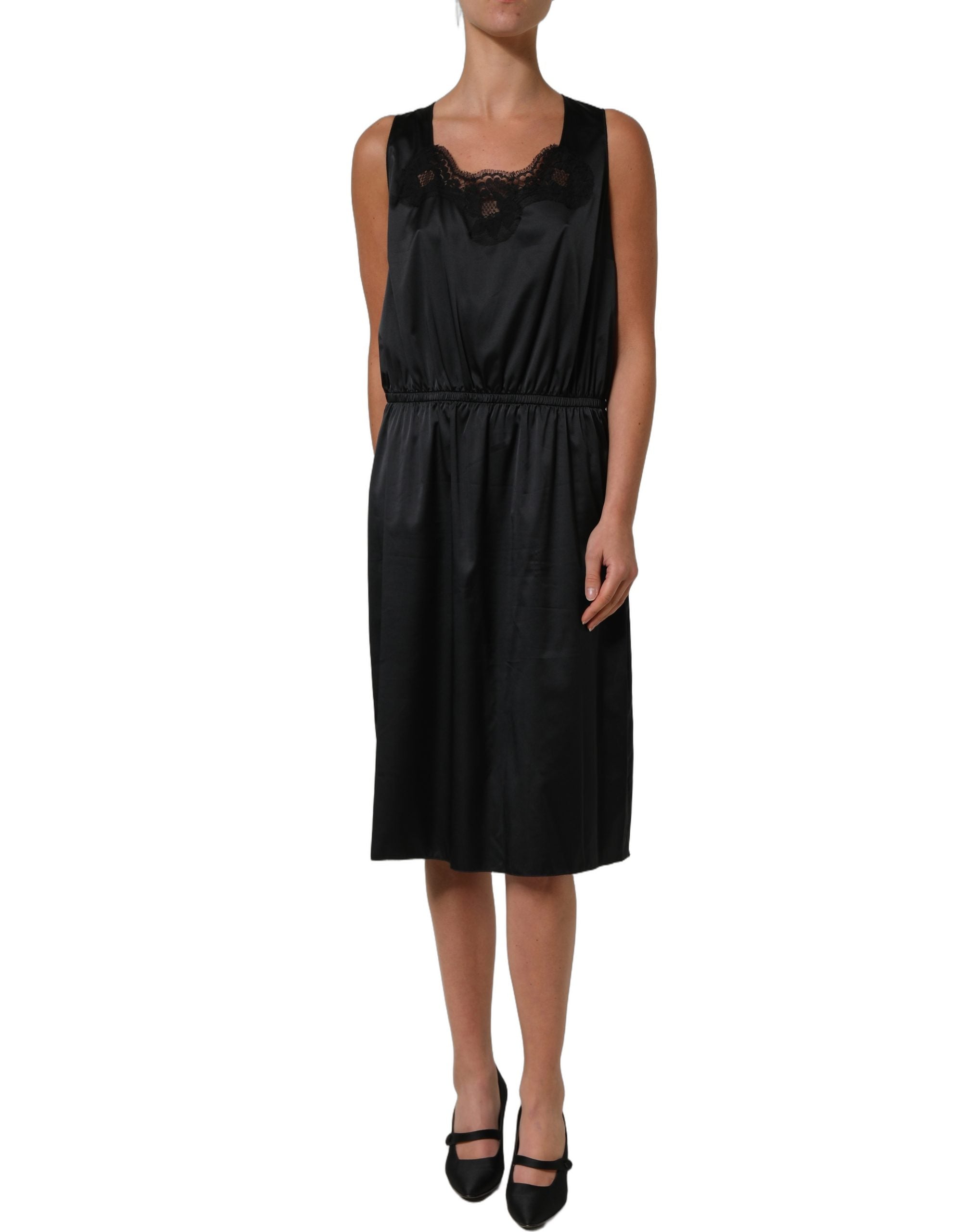 Dolce & Gabbana Black Polyester LaceTrim Sheath Midi Women's Dress (Pre-Owned)
