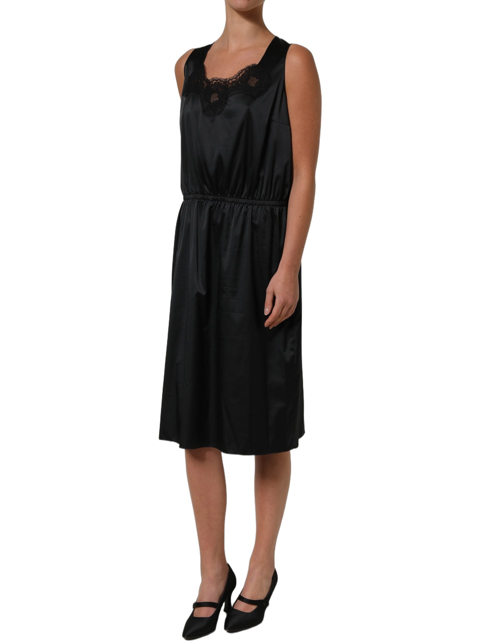 Dolce & Gabbana Black Polyester LaceTrim Sheath Midi Women's Dress (Pre-Owned)