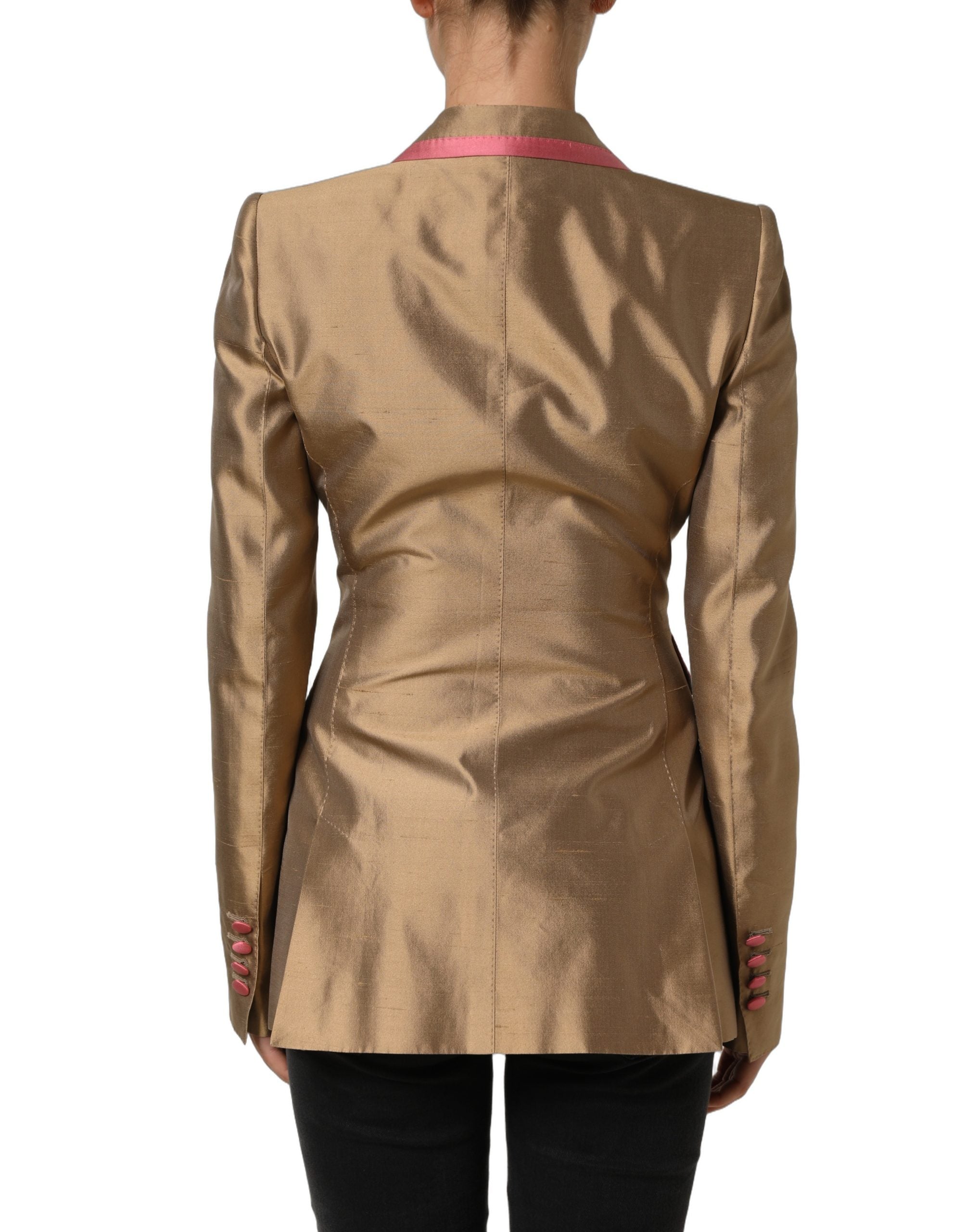 Dolce & Gabbana Gold Silk Double Breasted Coat Blazer Women's Jacket