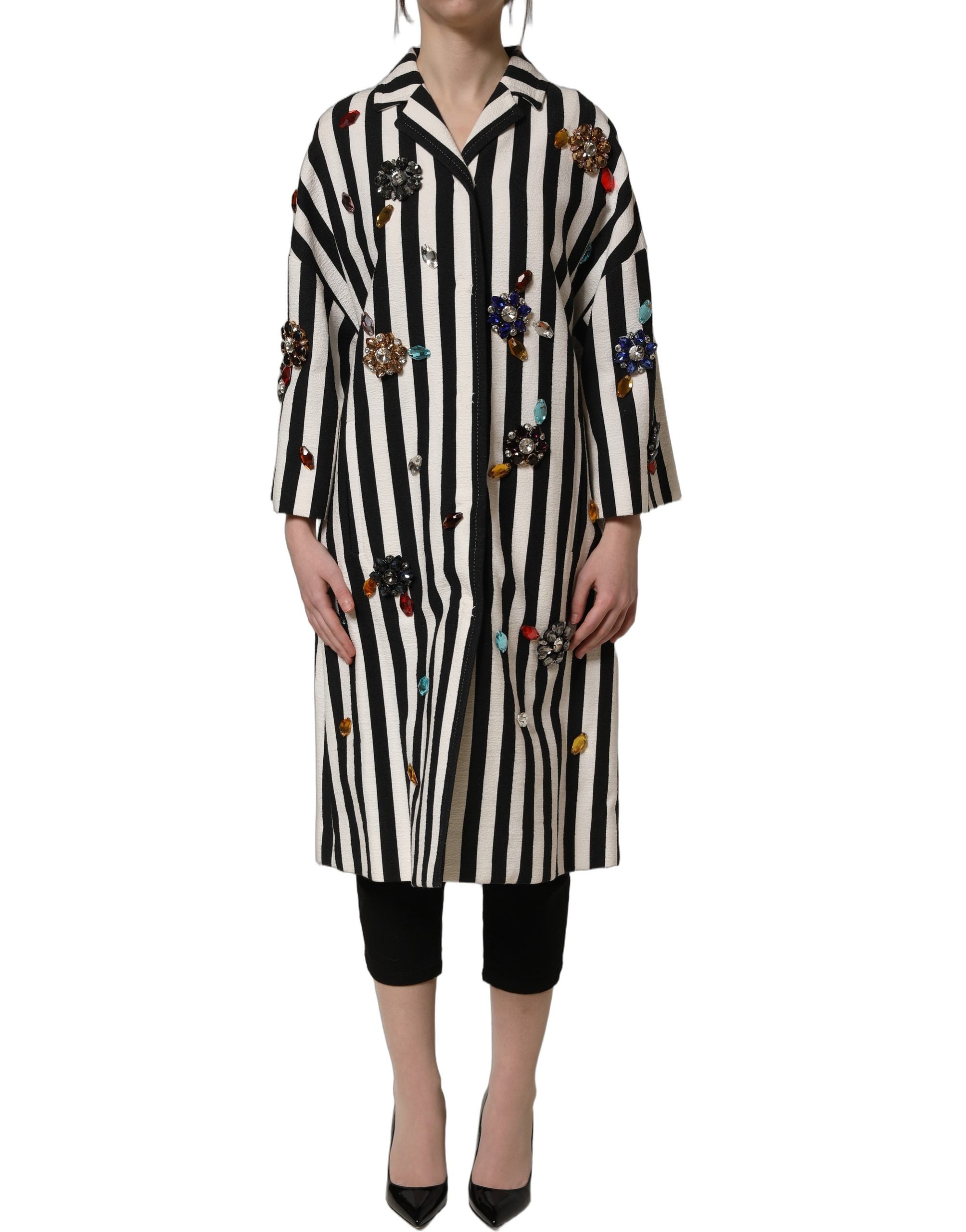 Dolce & Gabbana Black White Striped Embellished Coat Women's Jacket