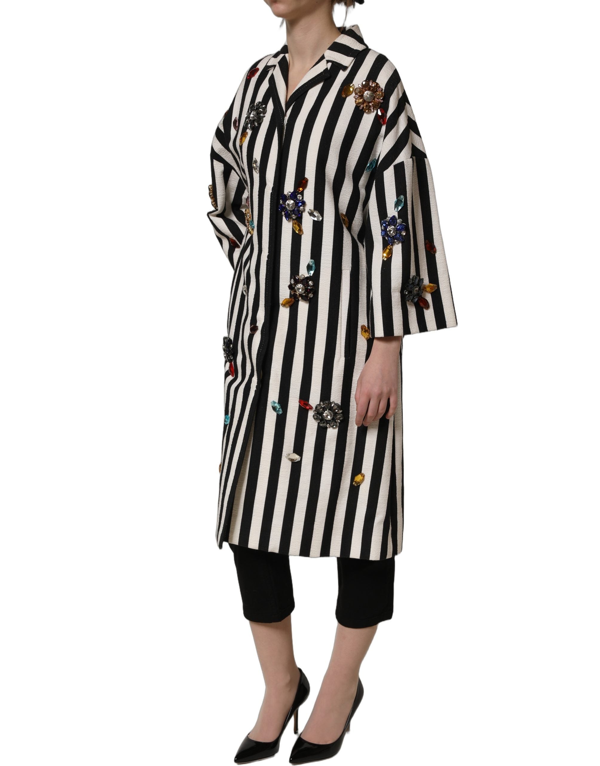 Dolce & Gabbana Black White Striped Embellished Coat Women's Jacket