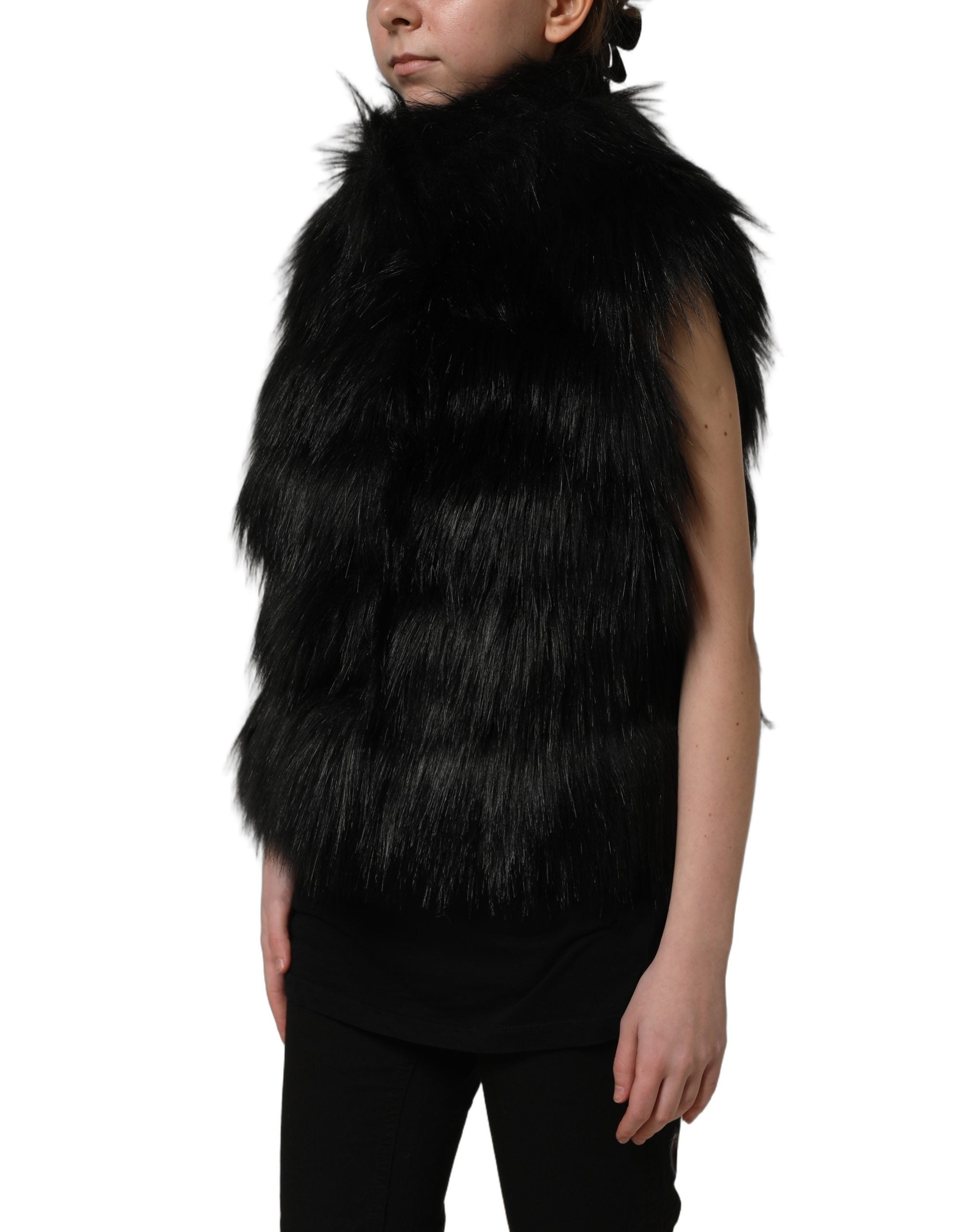 Dolce & Gabbana Black Acrylic Faux Fur Sleeveless Vest Women's Jacket