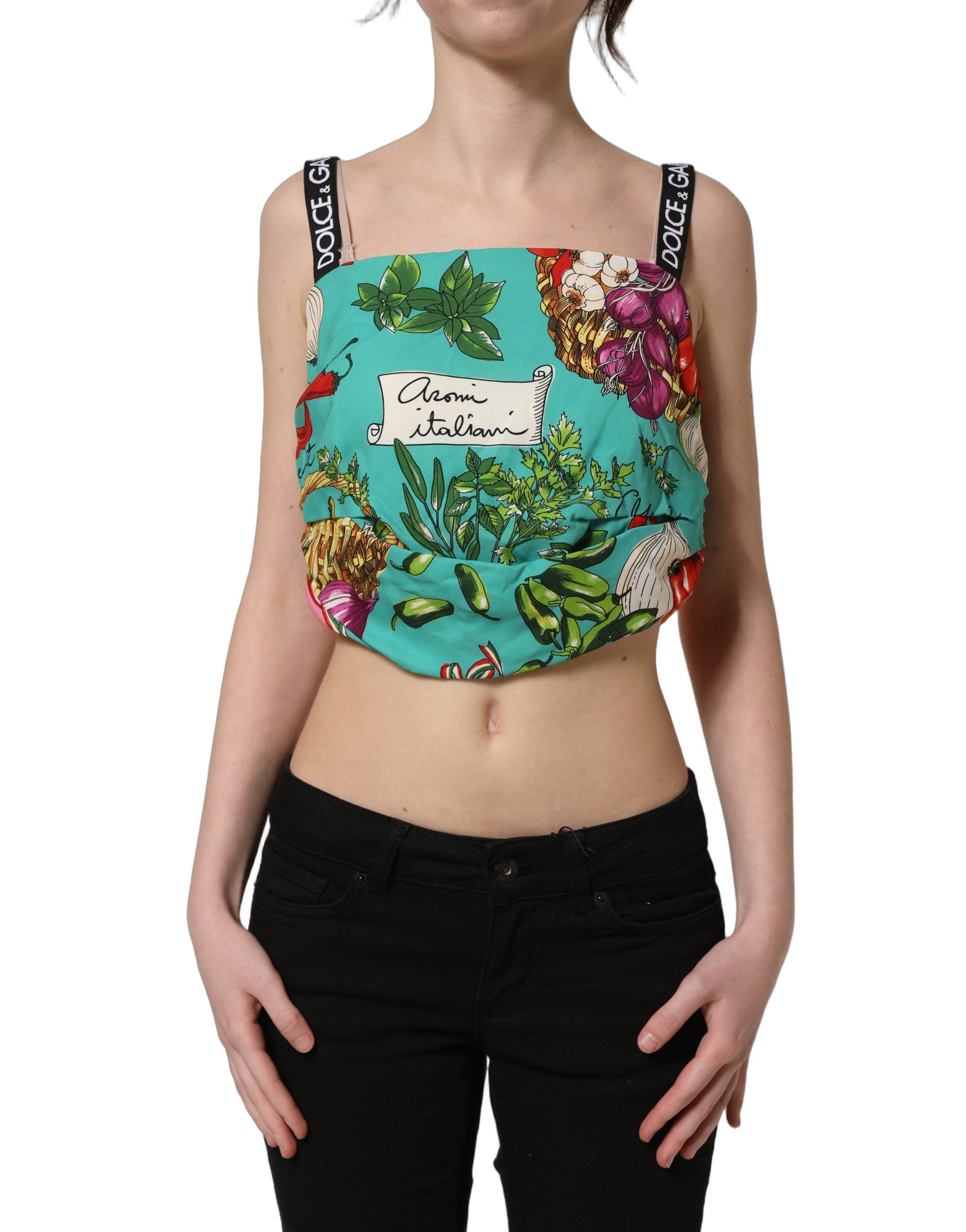 Dolce & Gabbana Multicolor Silk Vegetable Print Cropped Women's Top