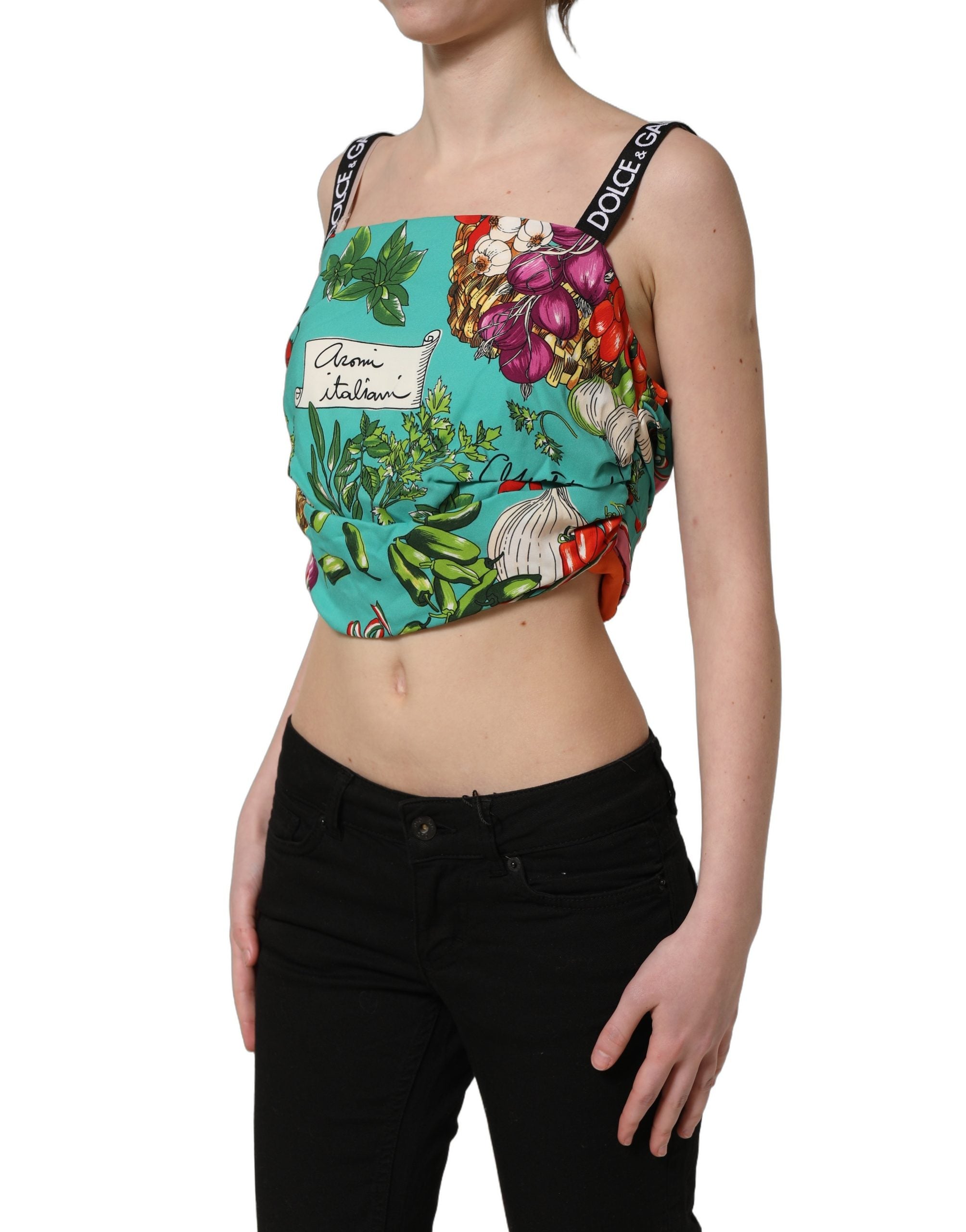 Dolce & Gabbana Multicolor Silk Vegetable Print Cropped Women's Top