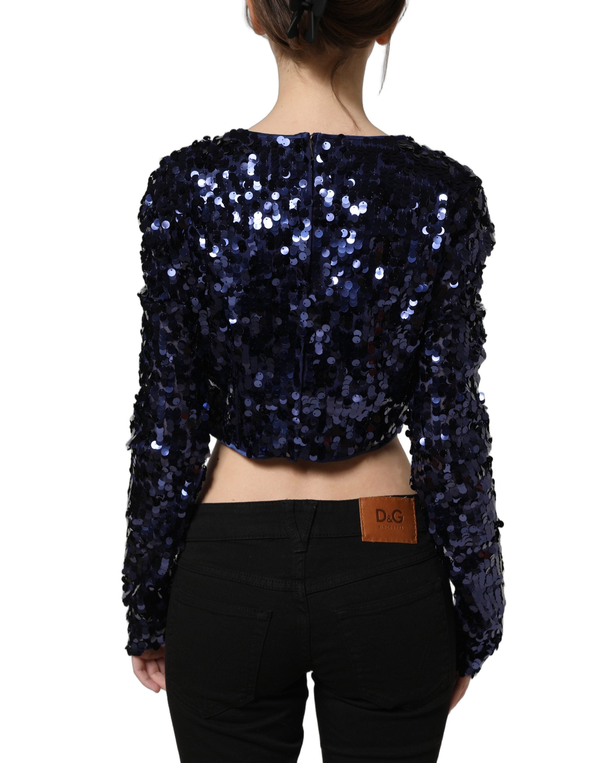 Dolce & Gabbana Blue Sequined Long Sleeves Crop Blouse Women's Top