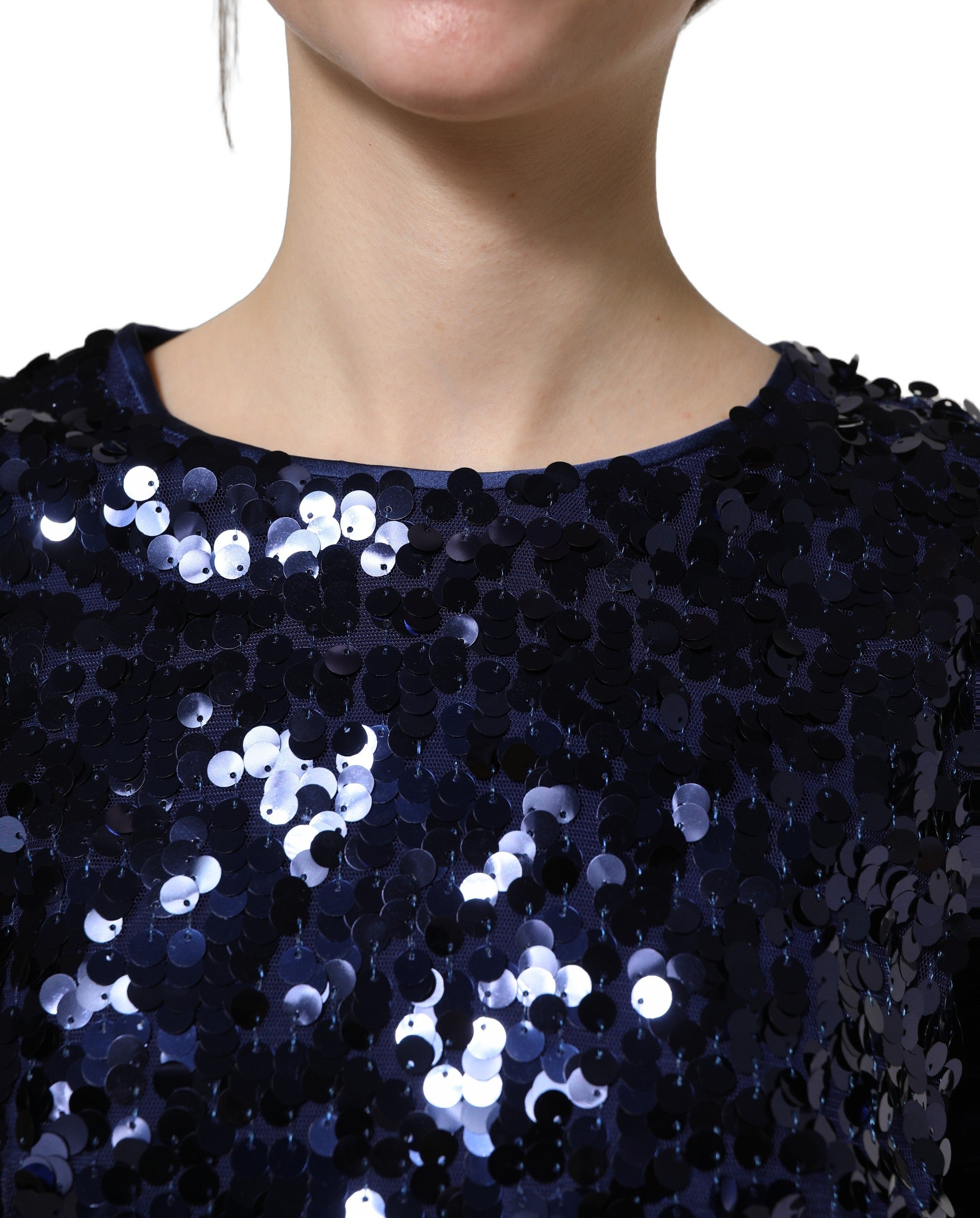 Dolce & Gabbana Blue Sequined Long Sleeves Crop Blouse Women's Top