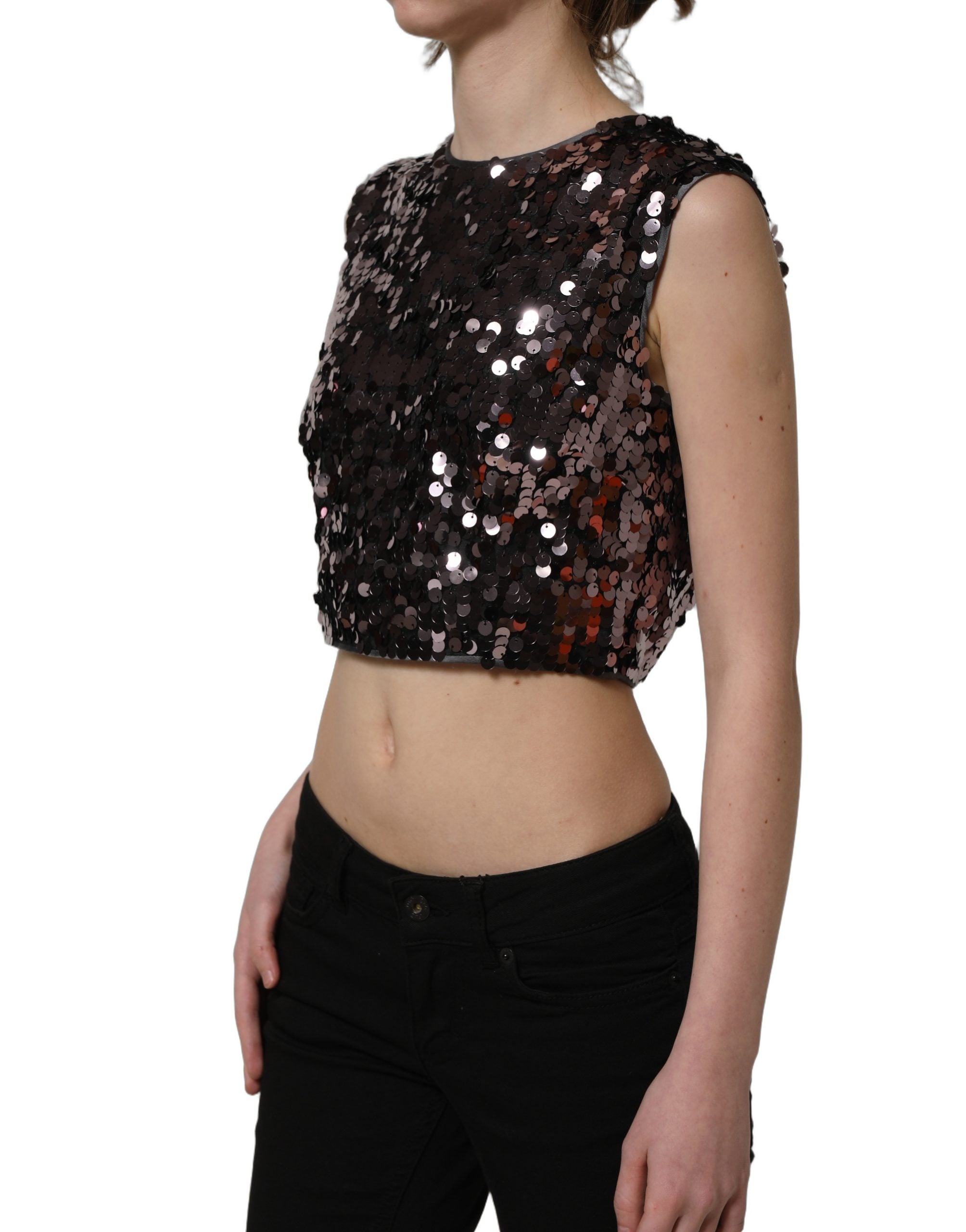 Dolce & Gabbana Purple Sequined Sleeveless Cropped Tank Women's Top