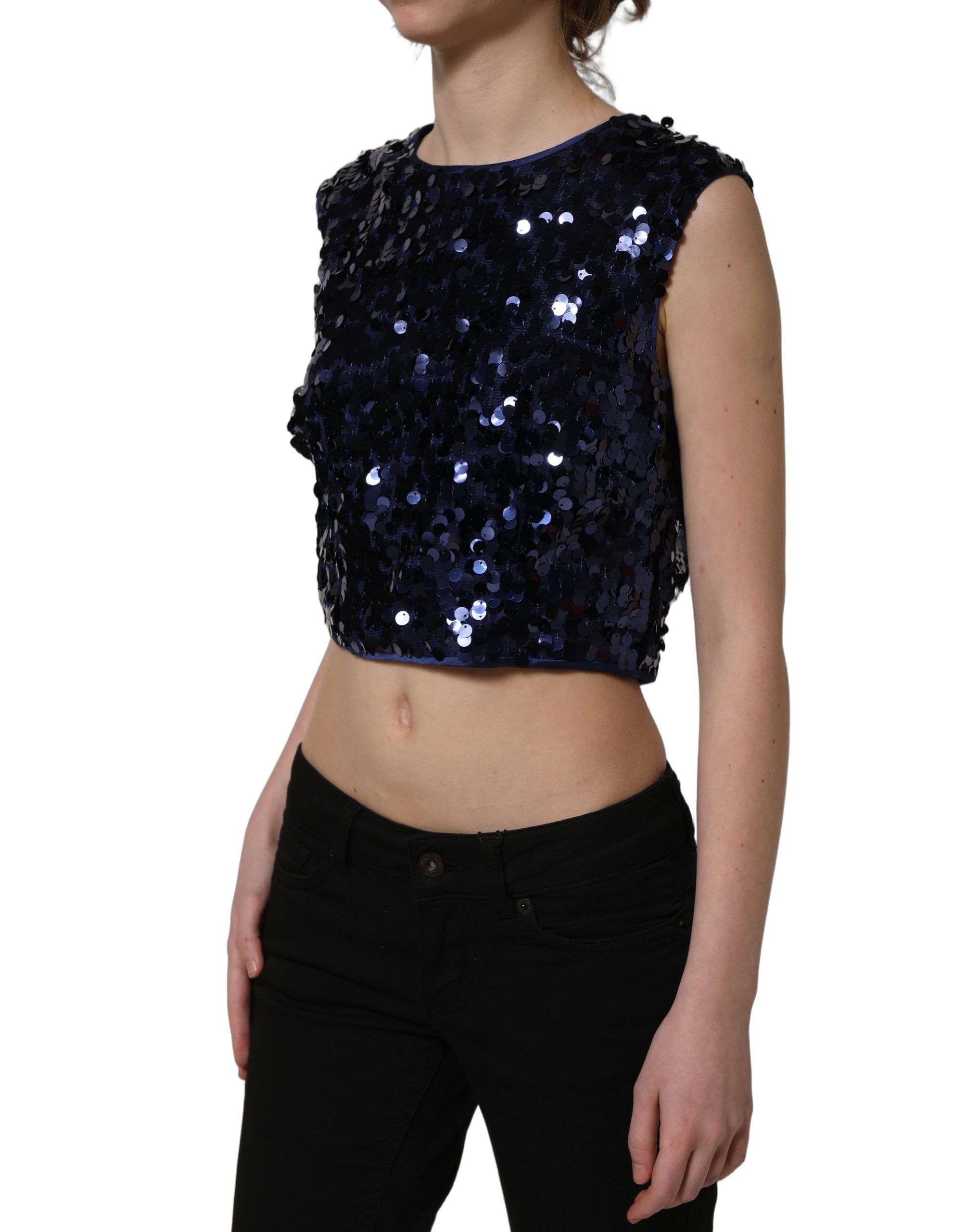 Dolce & Gabbana Blue Sequined Sleeveless Cropped Tank Women's Top