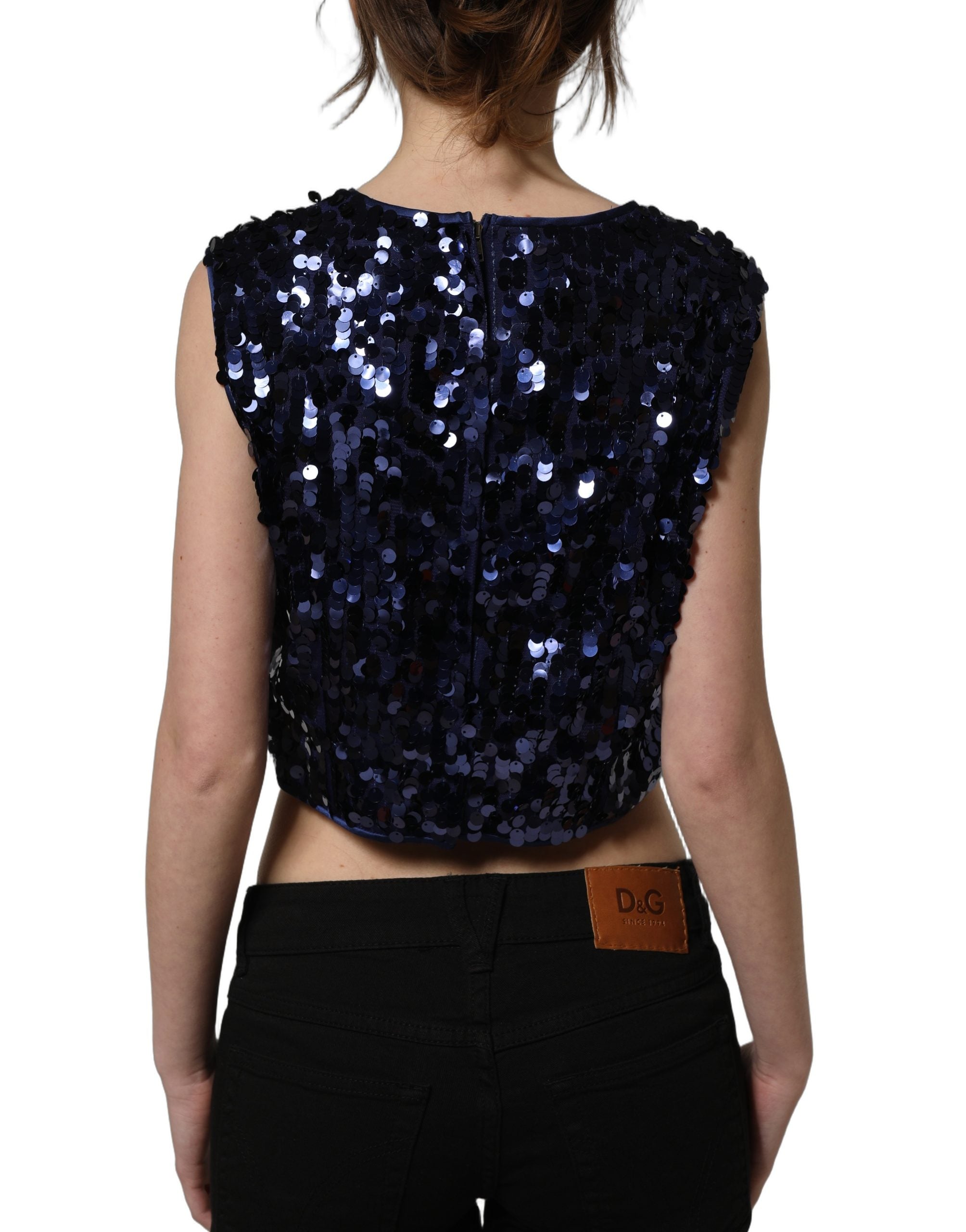 Dolce & Gabbana Blue Sequined Sleeveless Cropped Tank Women's Top