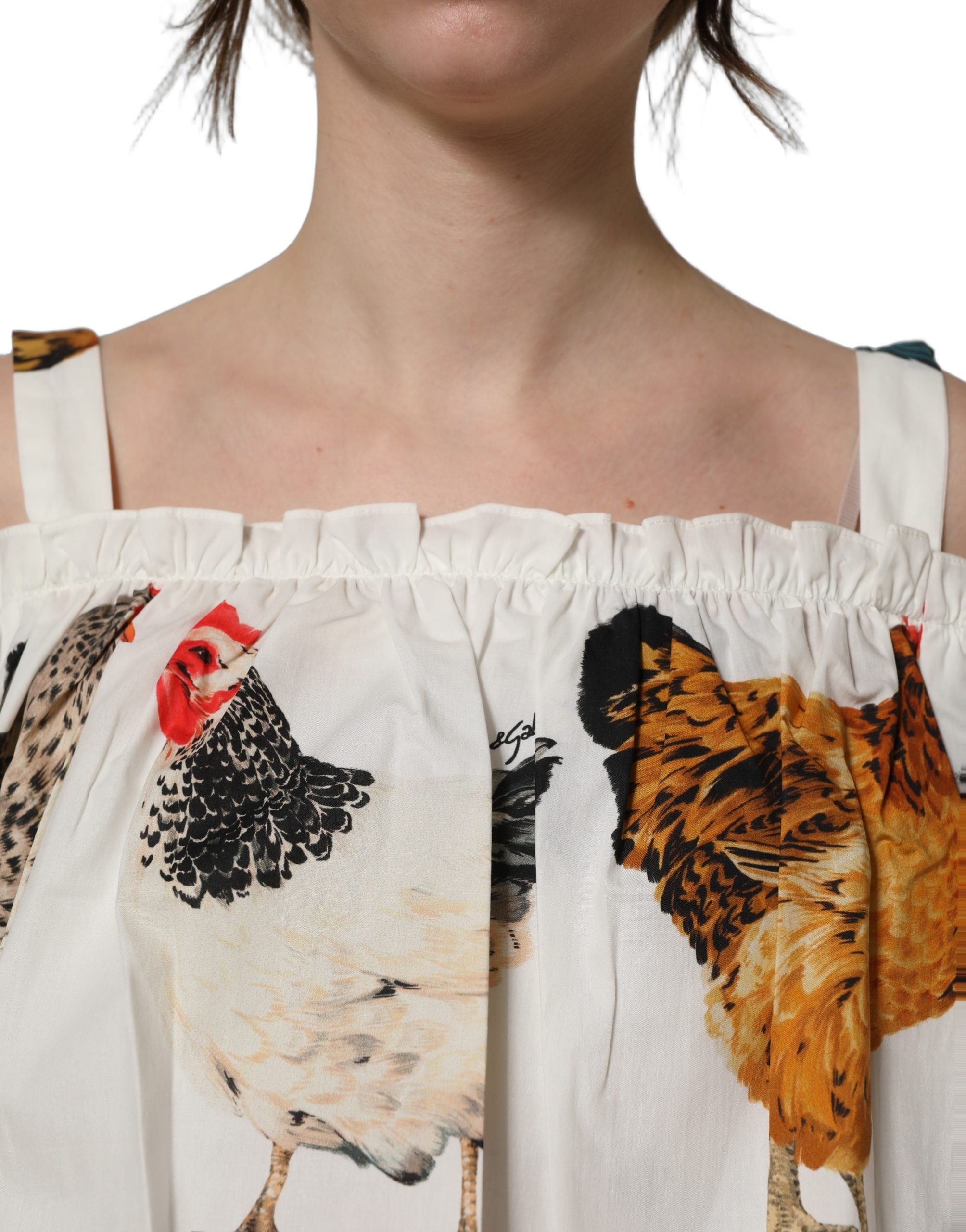 Dolce & Gabbana White Rooster Print Poplin Off The Shoulder Women's Top
