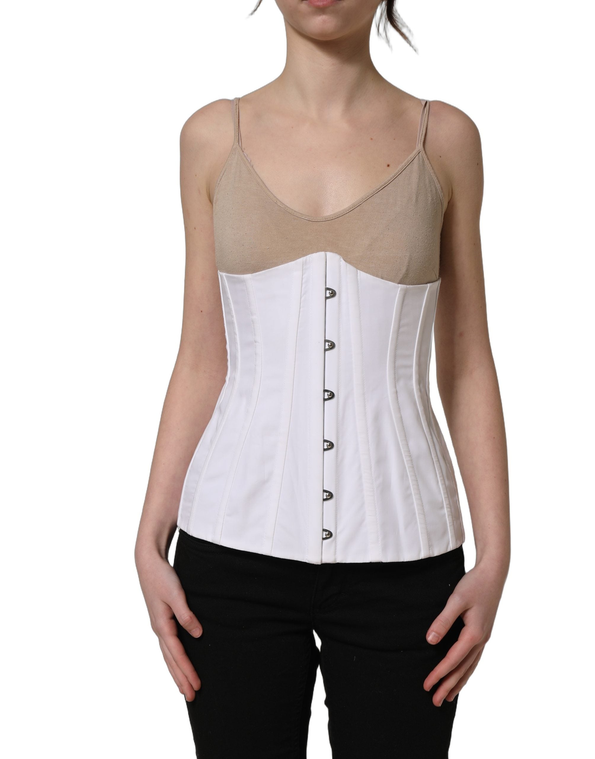 Dolce & Gabbana White Brown Cotton Sleeveless Corset Women's Top (Pre-Owned)