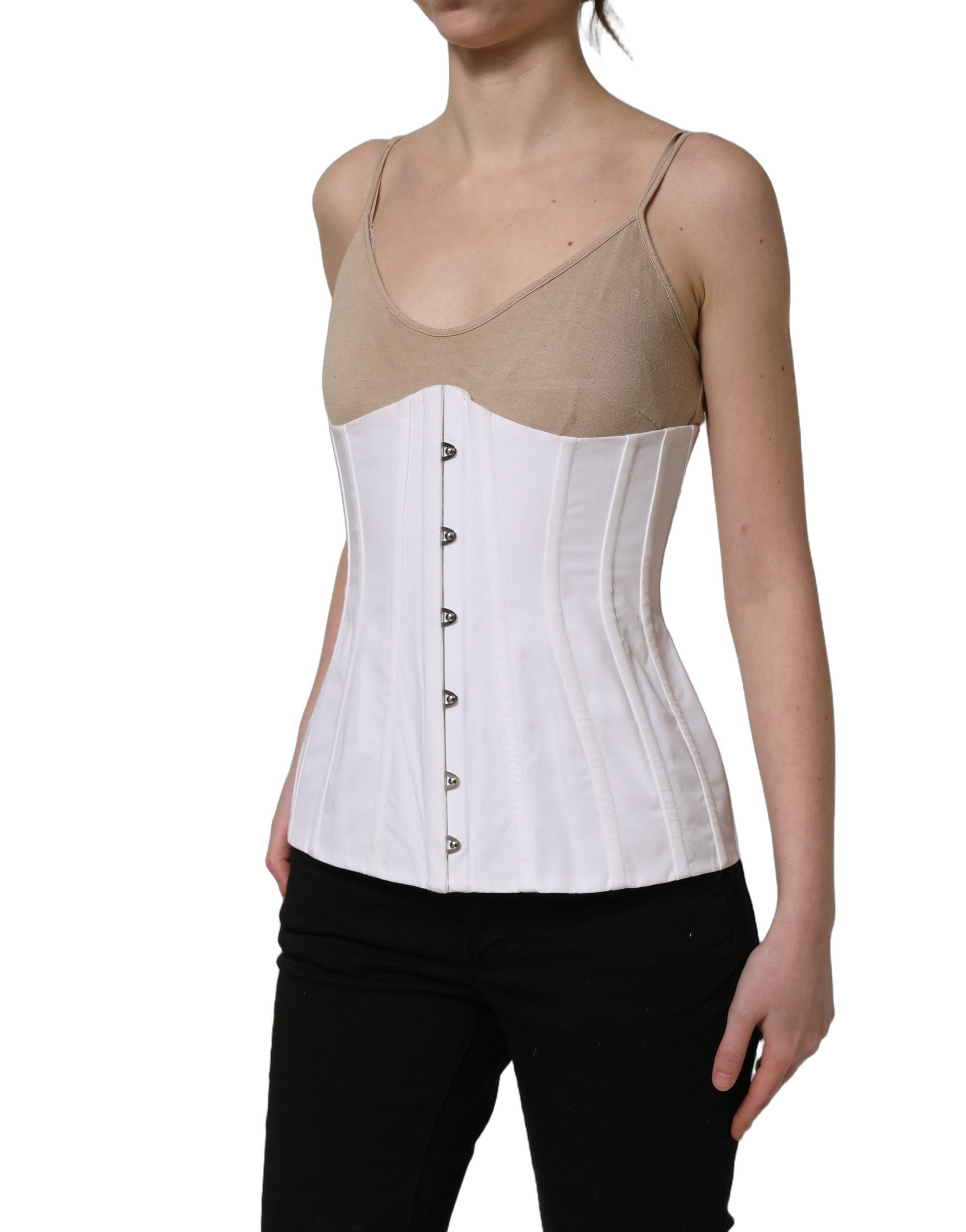 Dolce & Gabbana White Brown Cotton Sleeveless Corset Women's Top (Pre-Owned)