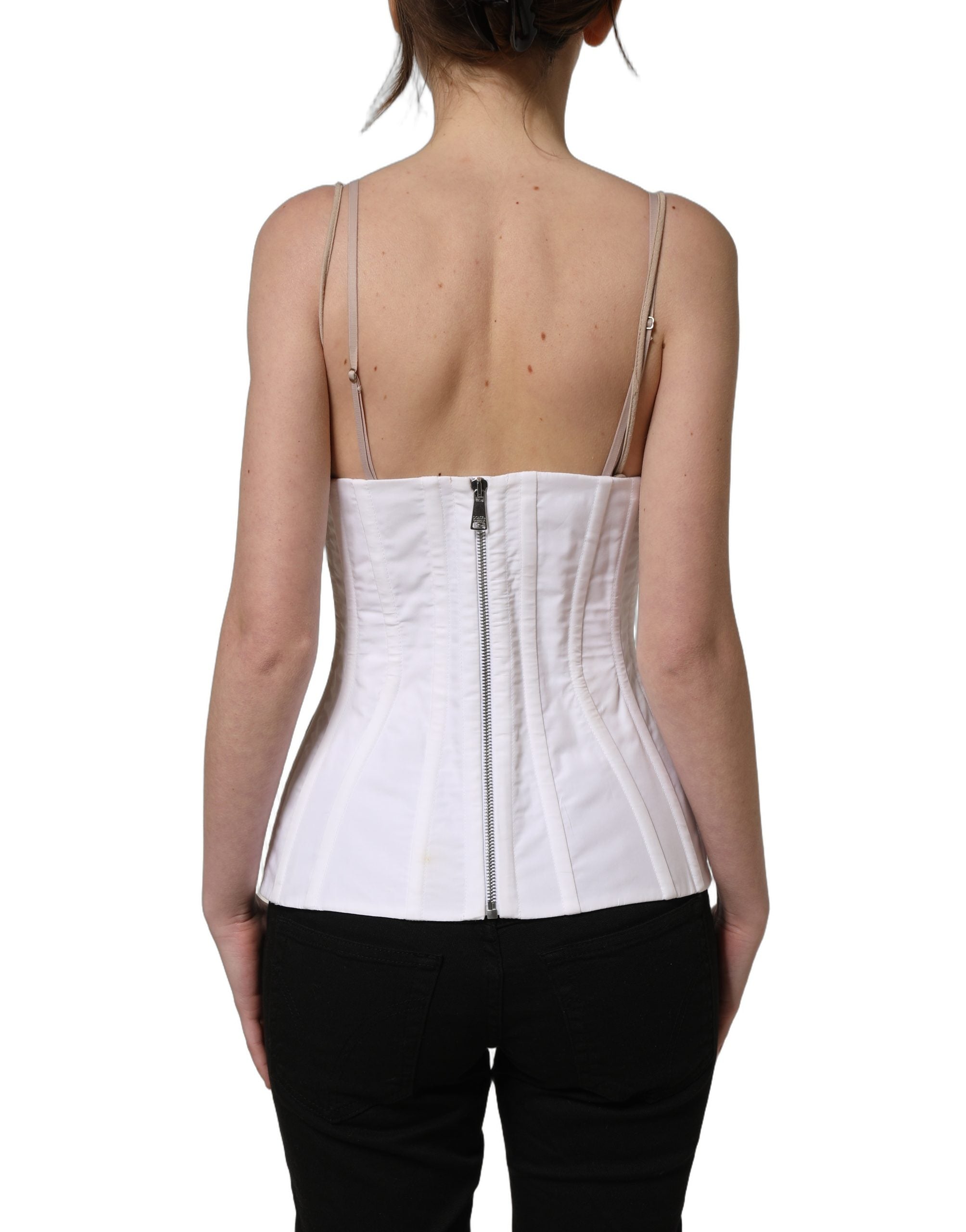 Dolce & Gabbana White Brown Cotton Sleeveless Corset Women's Top (Pre-Owned)