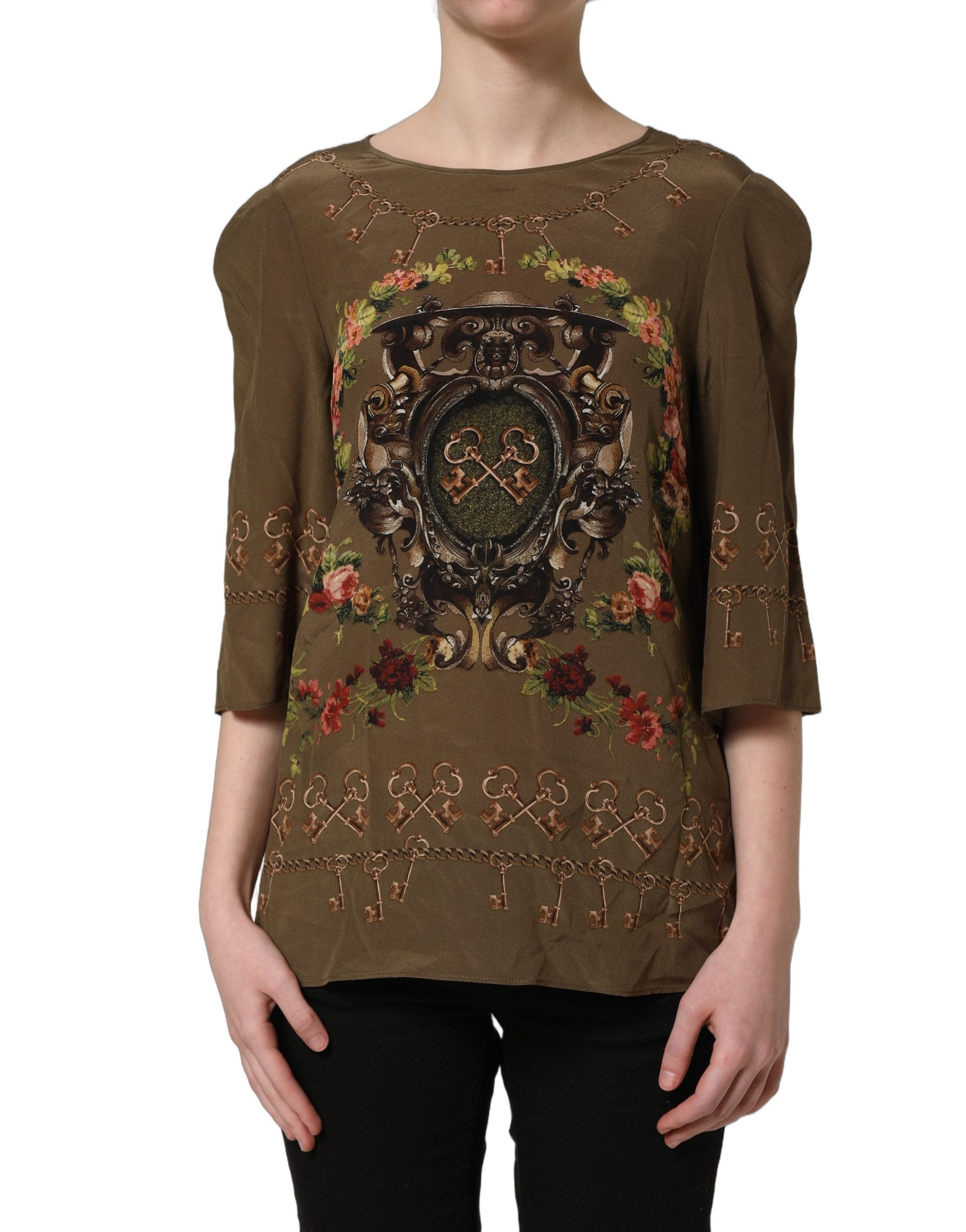 Dolce & Gabbana Brown Keys Roses Printed Silk Blouse Women's Top