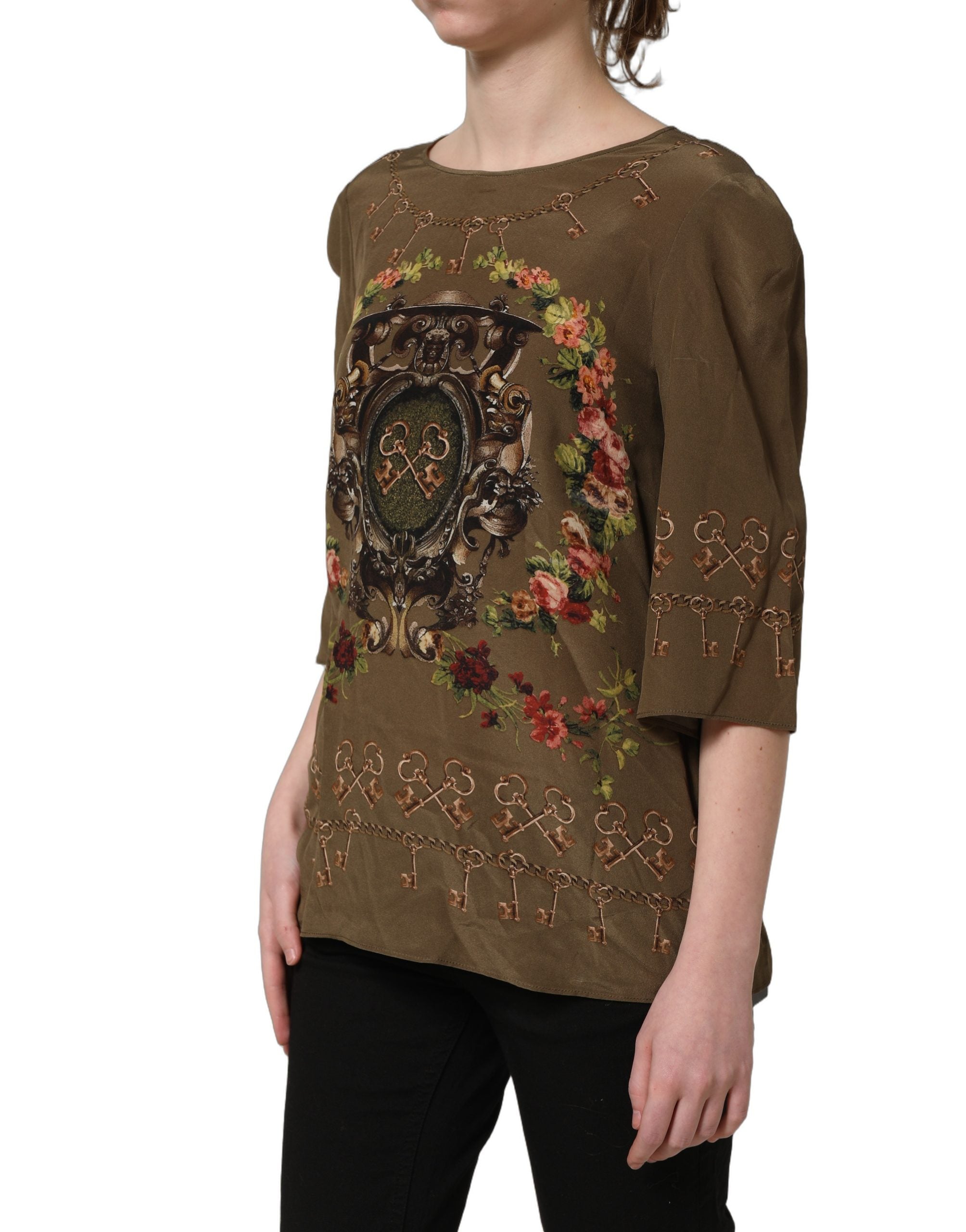 Dolce & Gabbana Brown Keys Roses Printed Silk Blouse Women's Top
