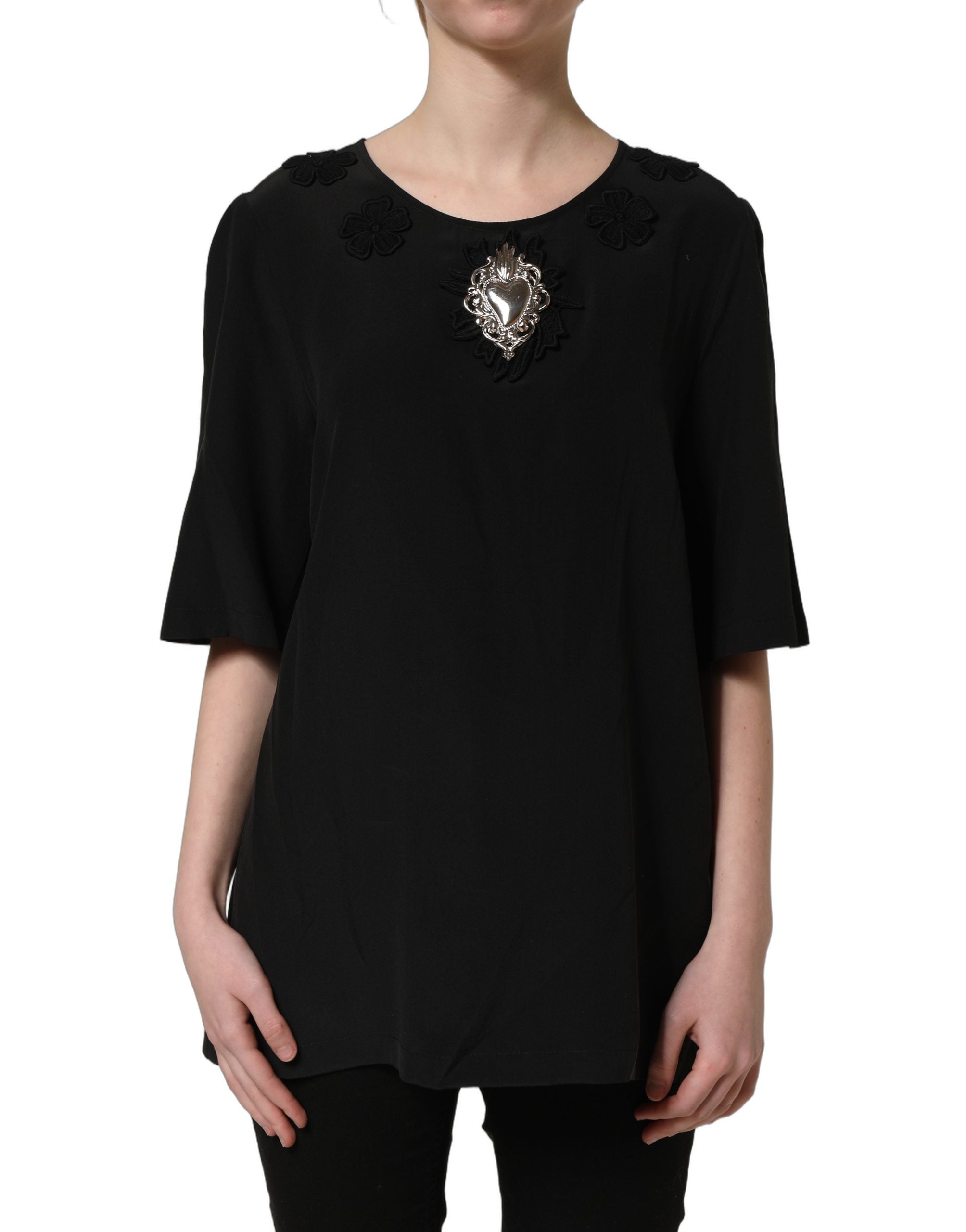 Dolce & Gabbana Black Floral Silk Heart Appliqué Blouse Women's Top