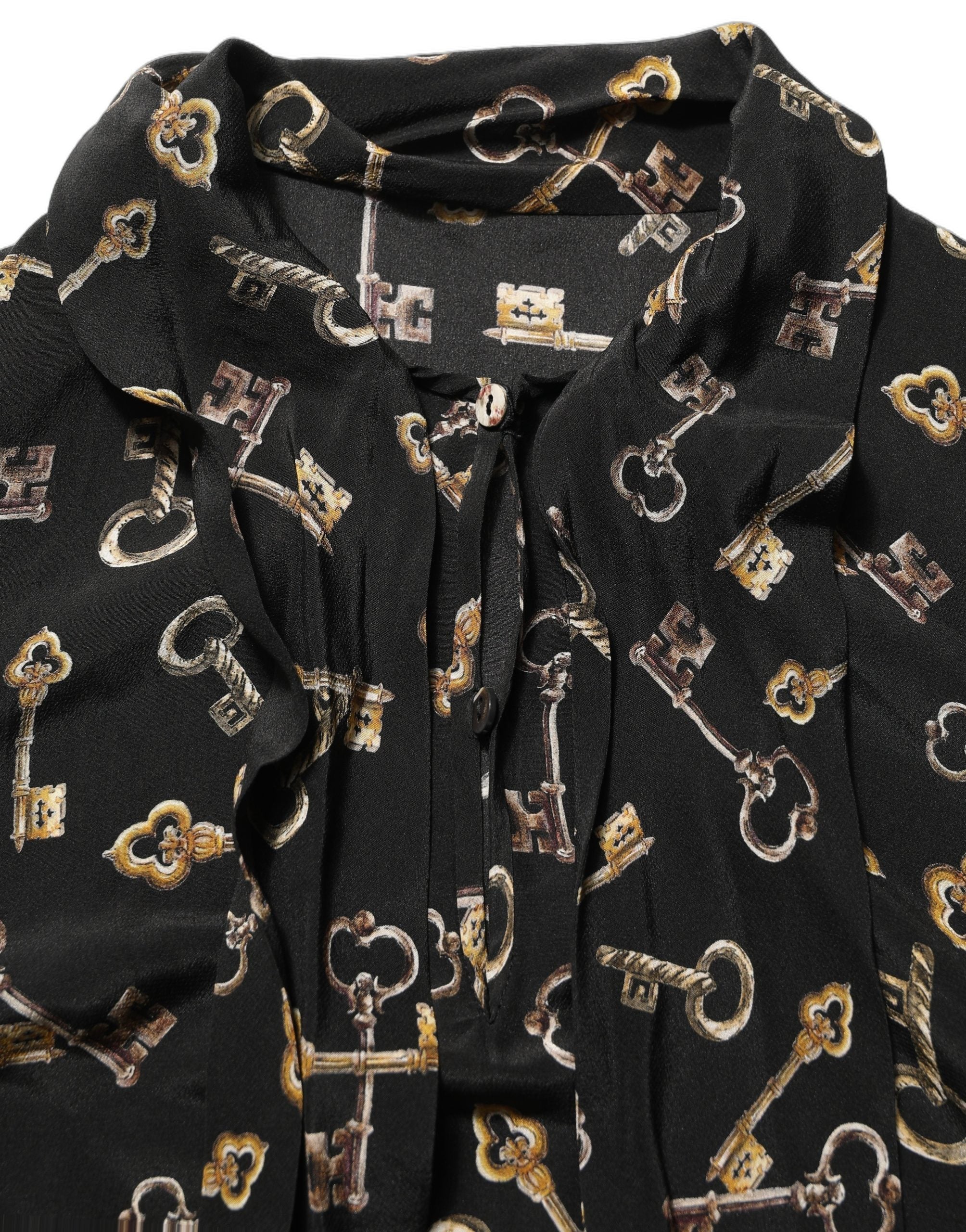 Dolce & Gabbana Black Keys Print Silk Tie Neck Blouse Women's Top