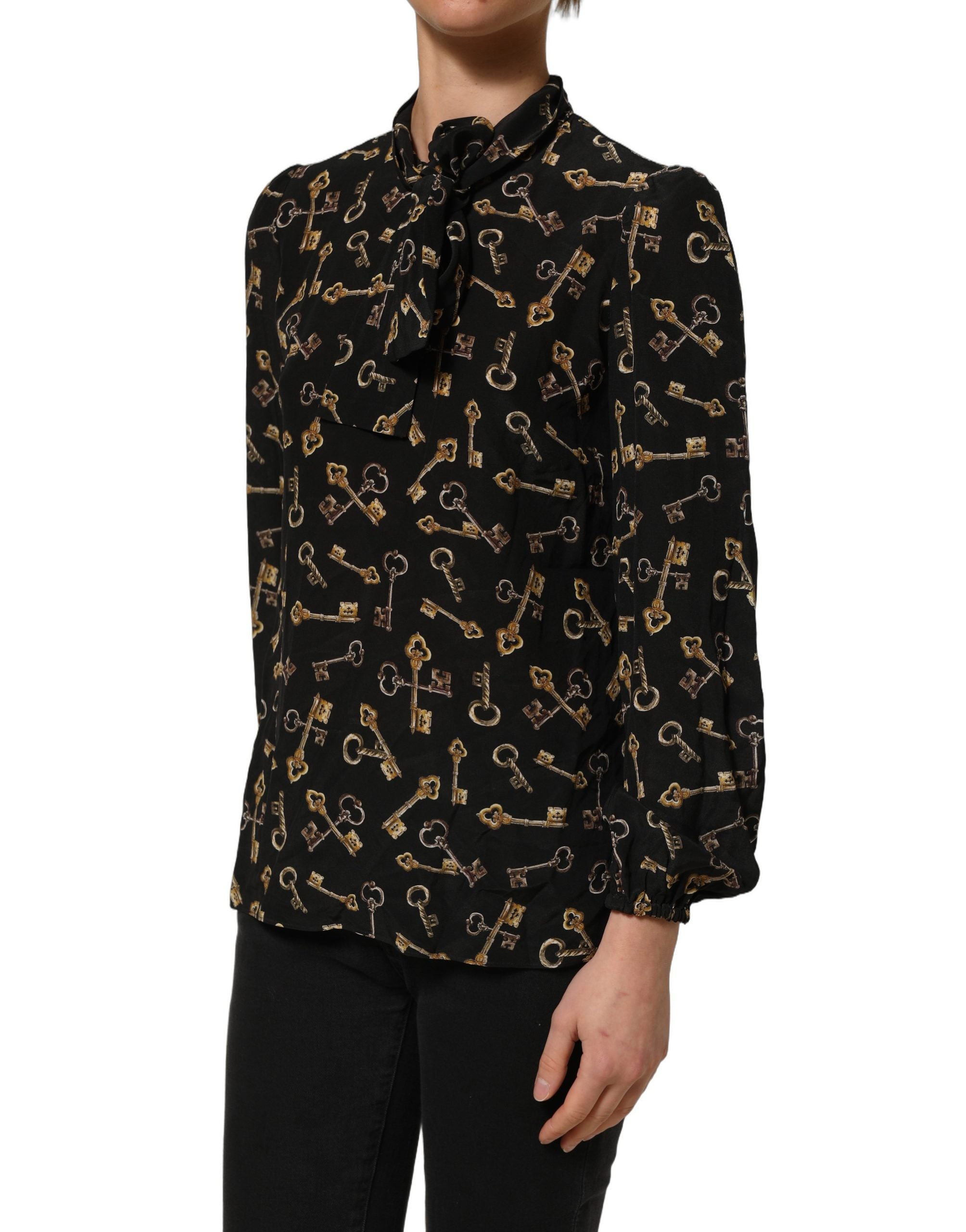 Dolce & Gabbana Black Keys Print Silk Tie Neck Blouse Women's Top