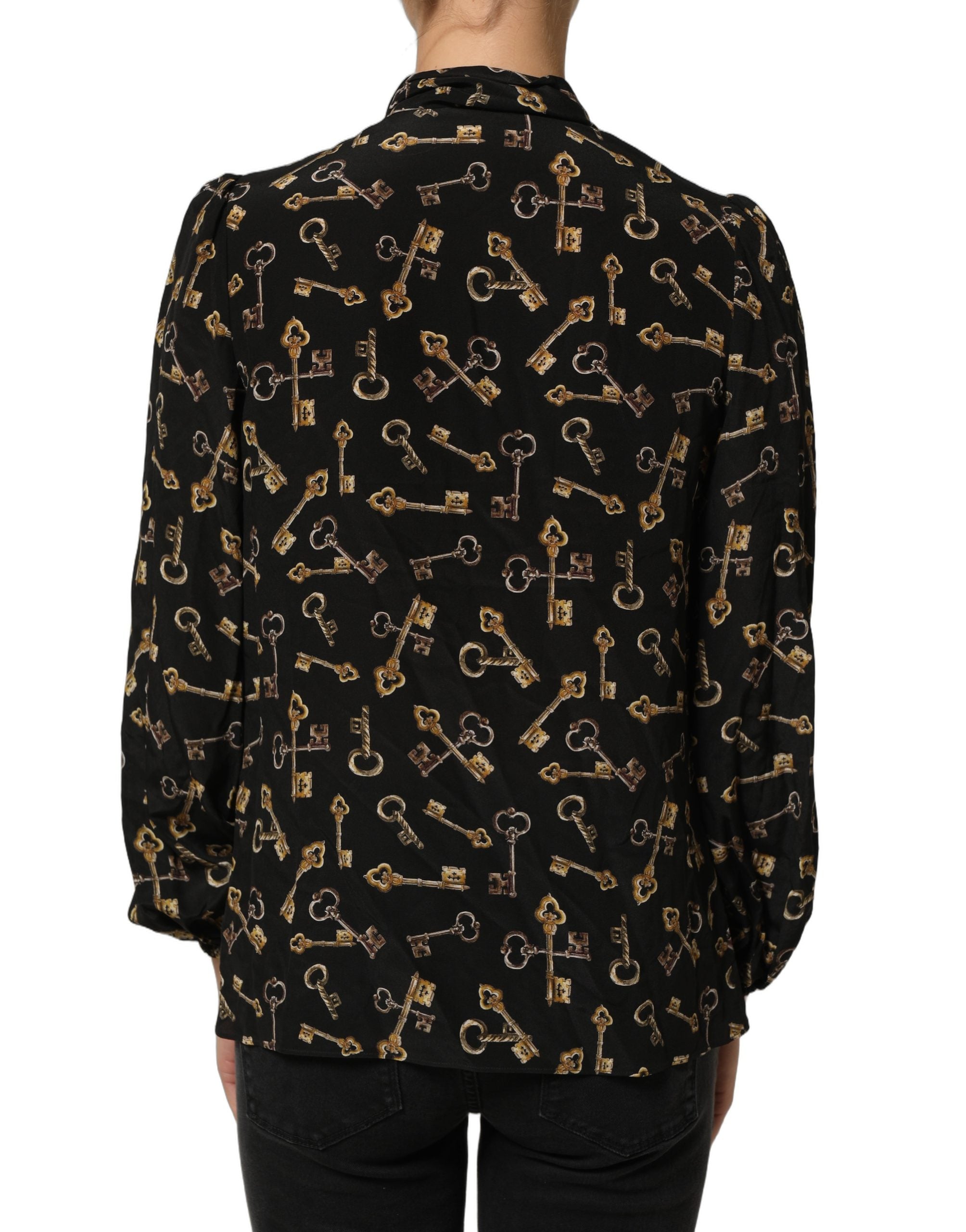 Dolce & Gabbana Black Keys Print Silk Tie Neck Blouse Women's Top
