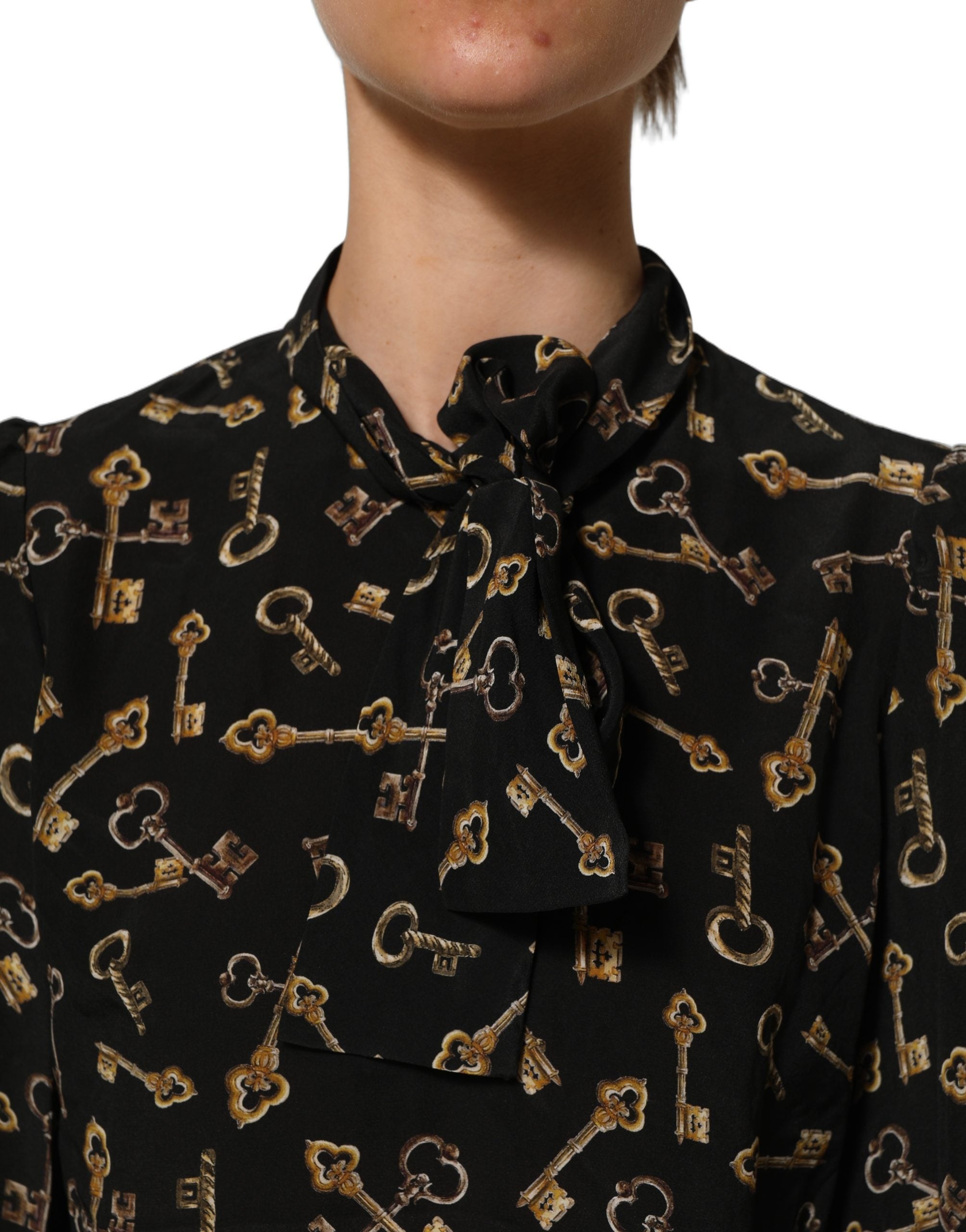 Dolce & Gabbana Black Keys Print Silk Tie Neck Blouse Women's Top