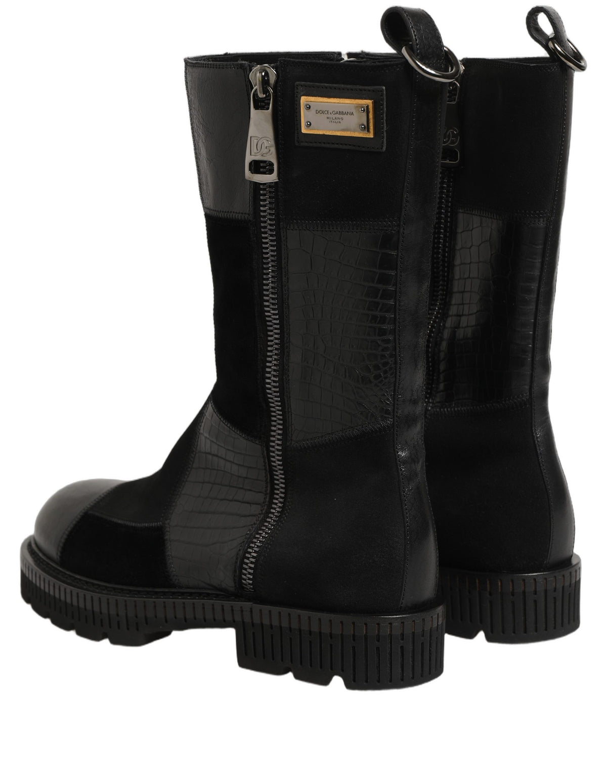 Dolce & Gabbana Black Patchwork Leather Mid Calf Boots Men's Shoes