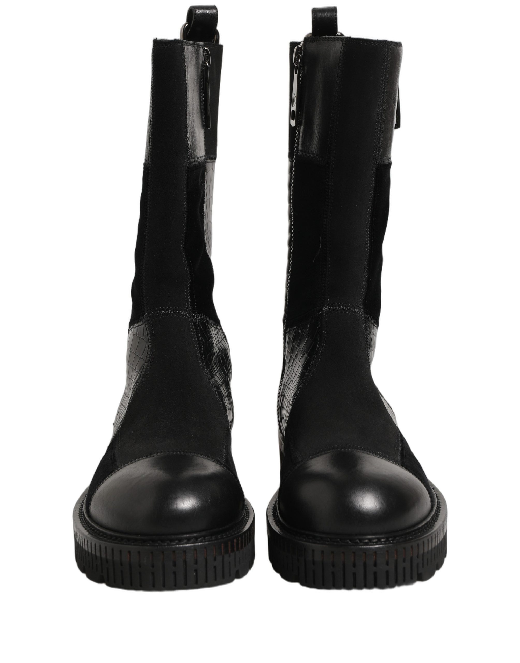 Dolce & Gabbana Black Patchwork Leather Mid Calf Boots Men's Shoes