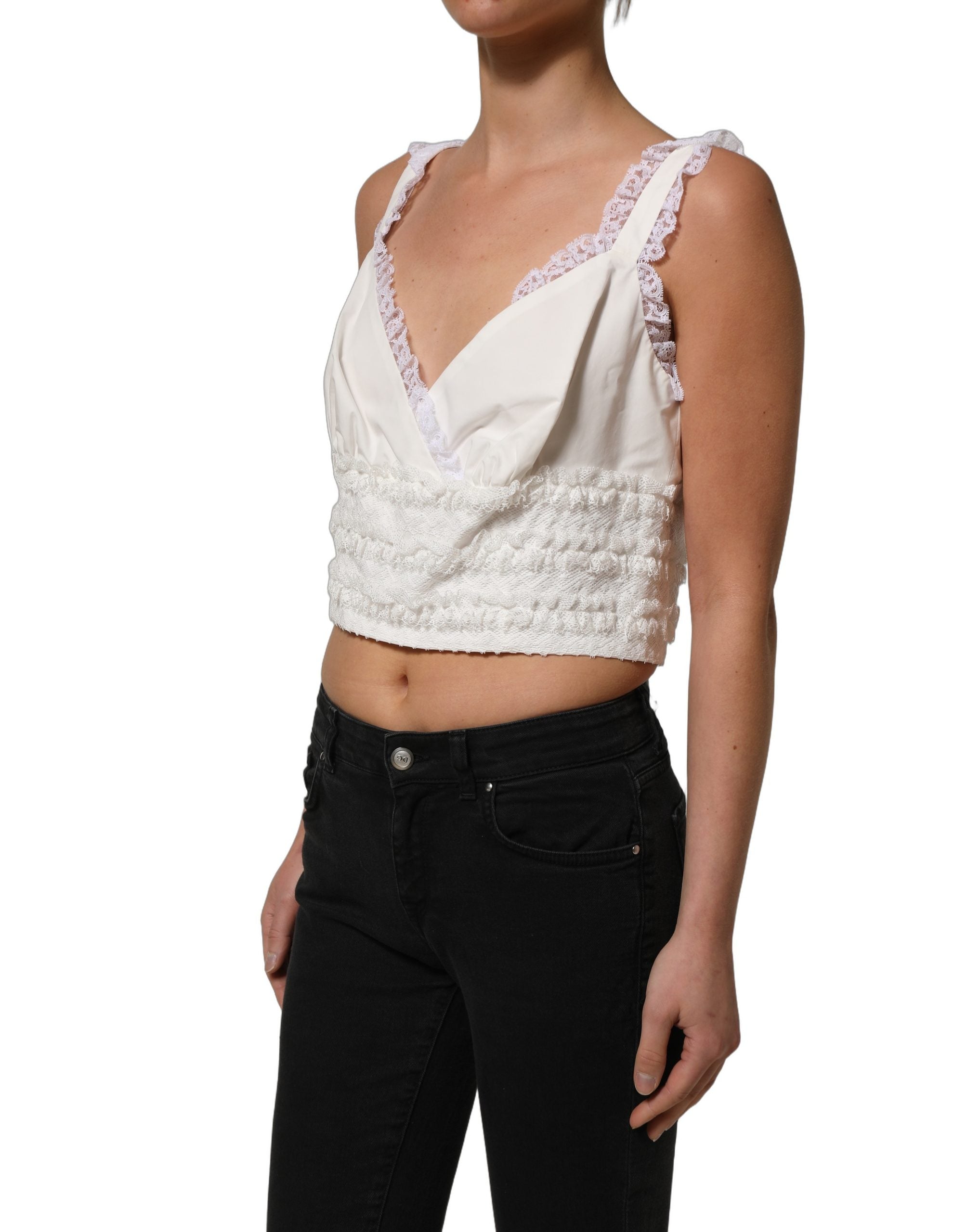 Dolce & Gabbana White Lace Trimmed Cotton Cropped Tank Women's Top (Pre-Owned)