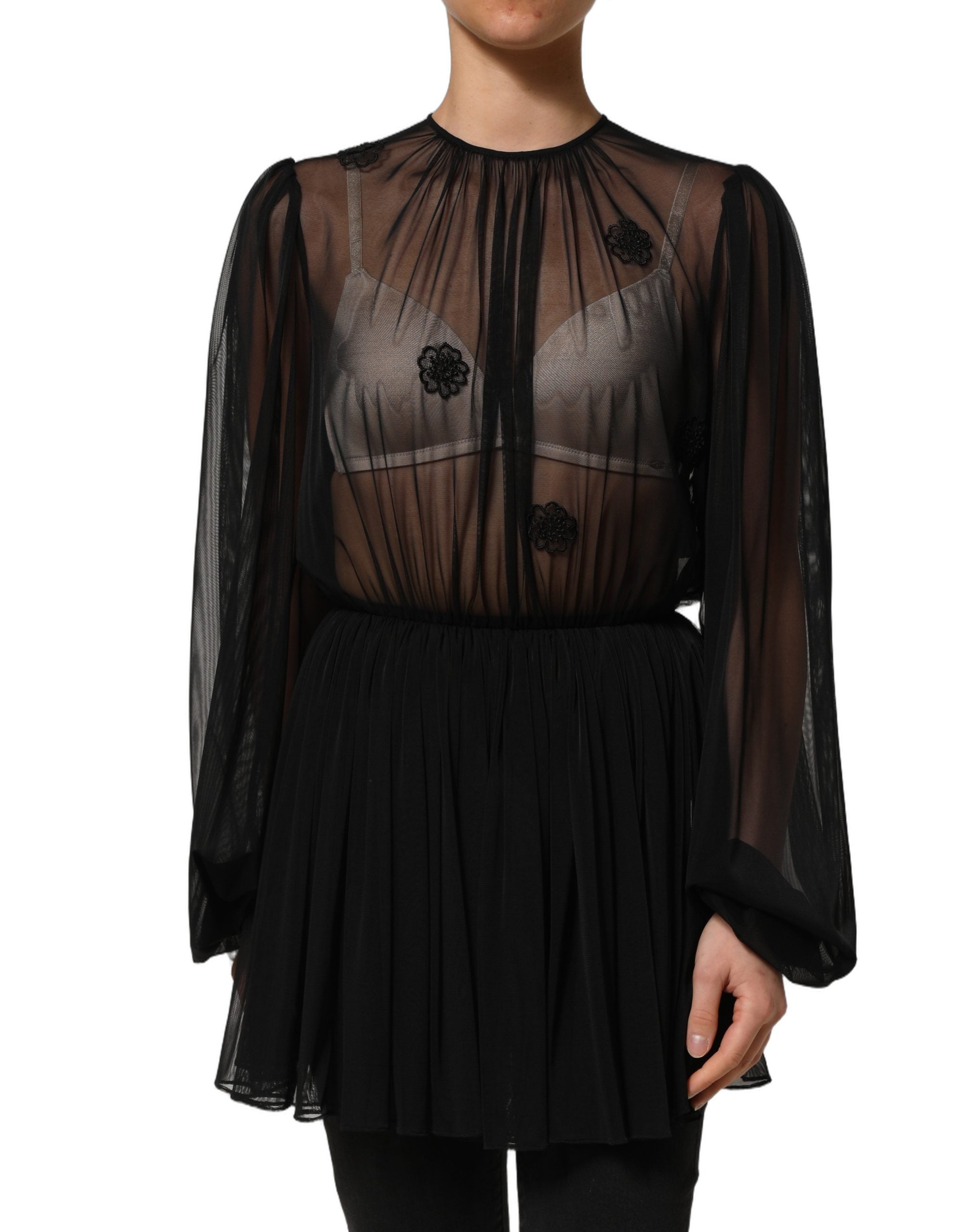 Dolce & Gabbana Black Polyester Mesh Sheer Crewneck Blouse Women's Top (Pre-Owned)