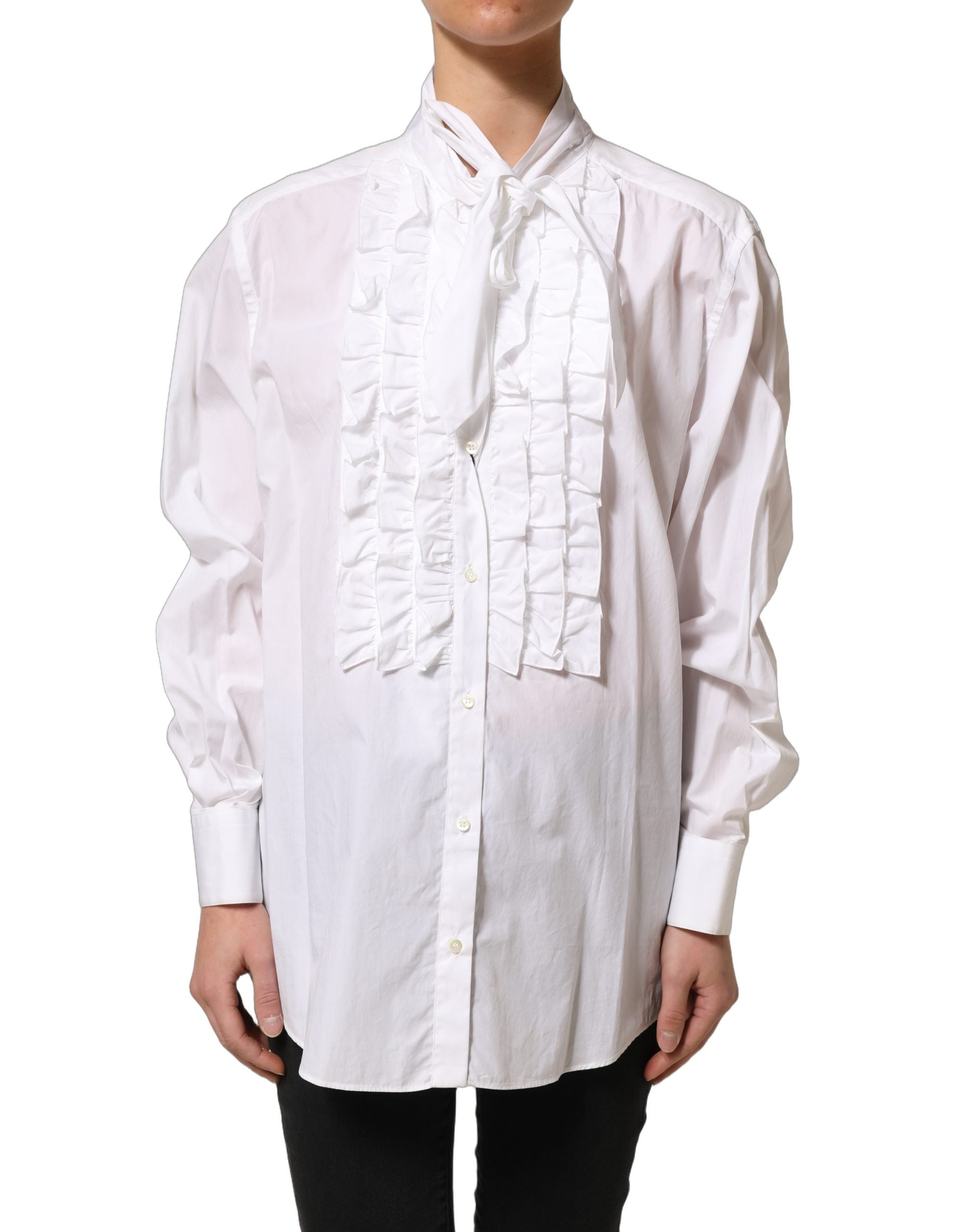 Dolce & Gabbana White Ruffled Bib Long Sleeves Blouse Women's Top