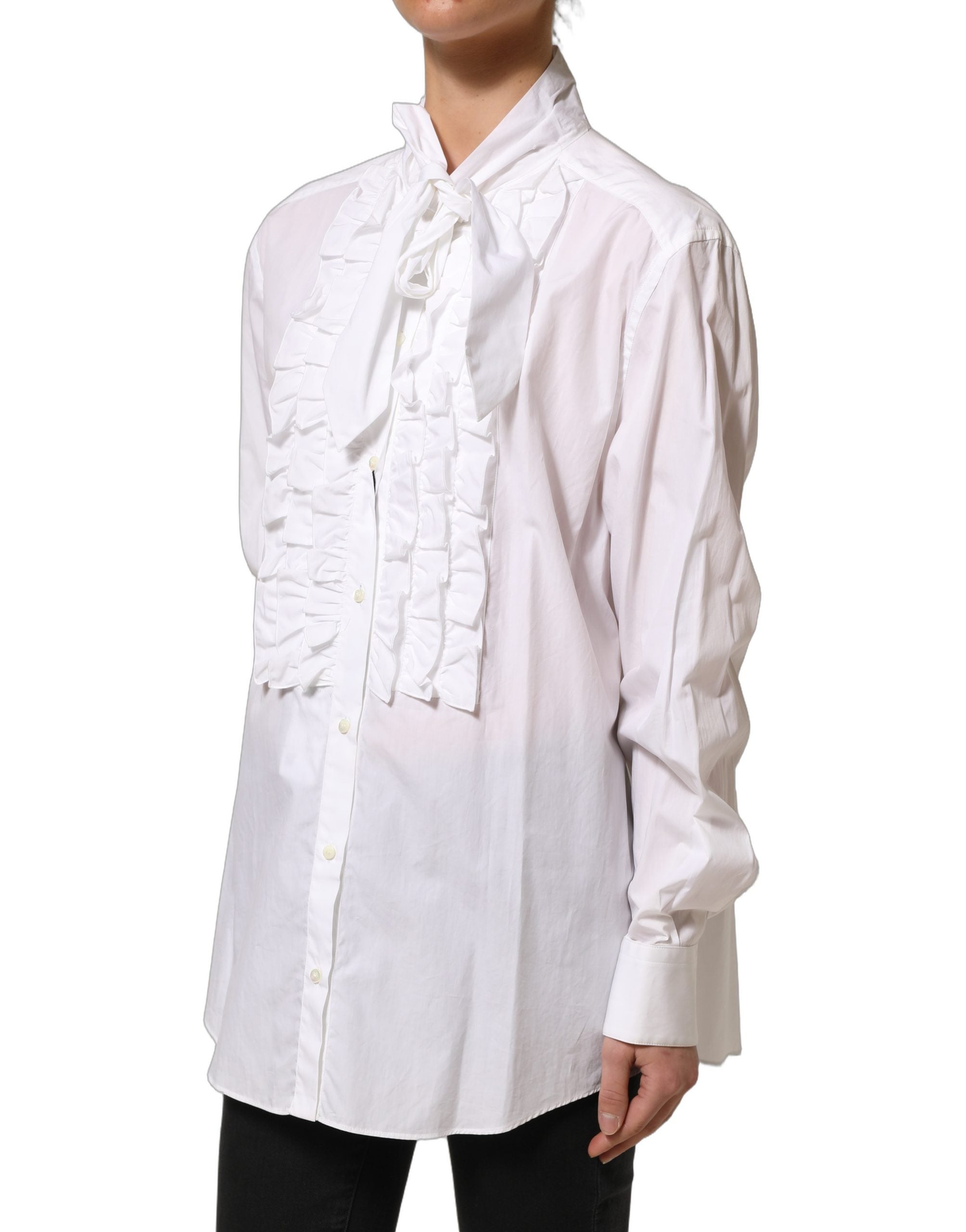 Dolce & Gabbana White Ruffled Bib Long Sleeves Blouse Women's Top