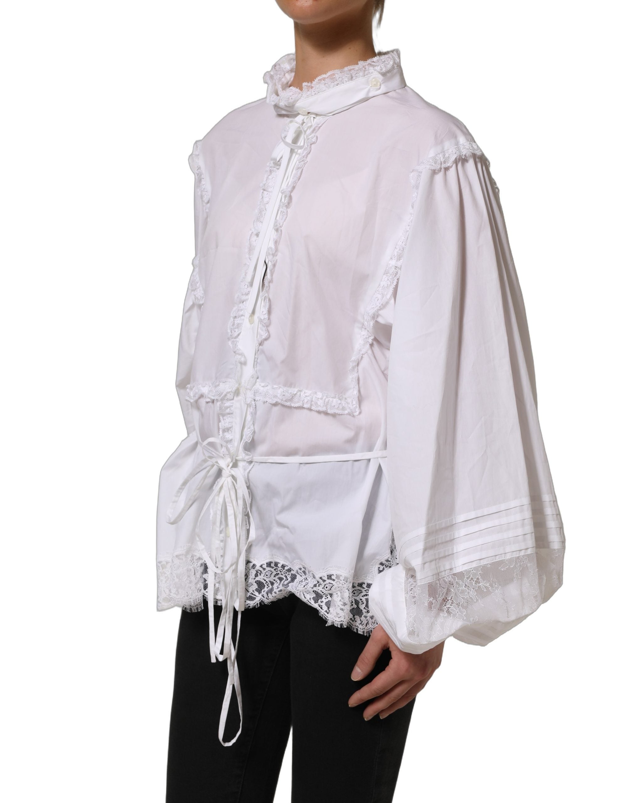 Dolce & Gabbana White Ruffled Lace Embellished Blouse Women's Top